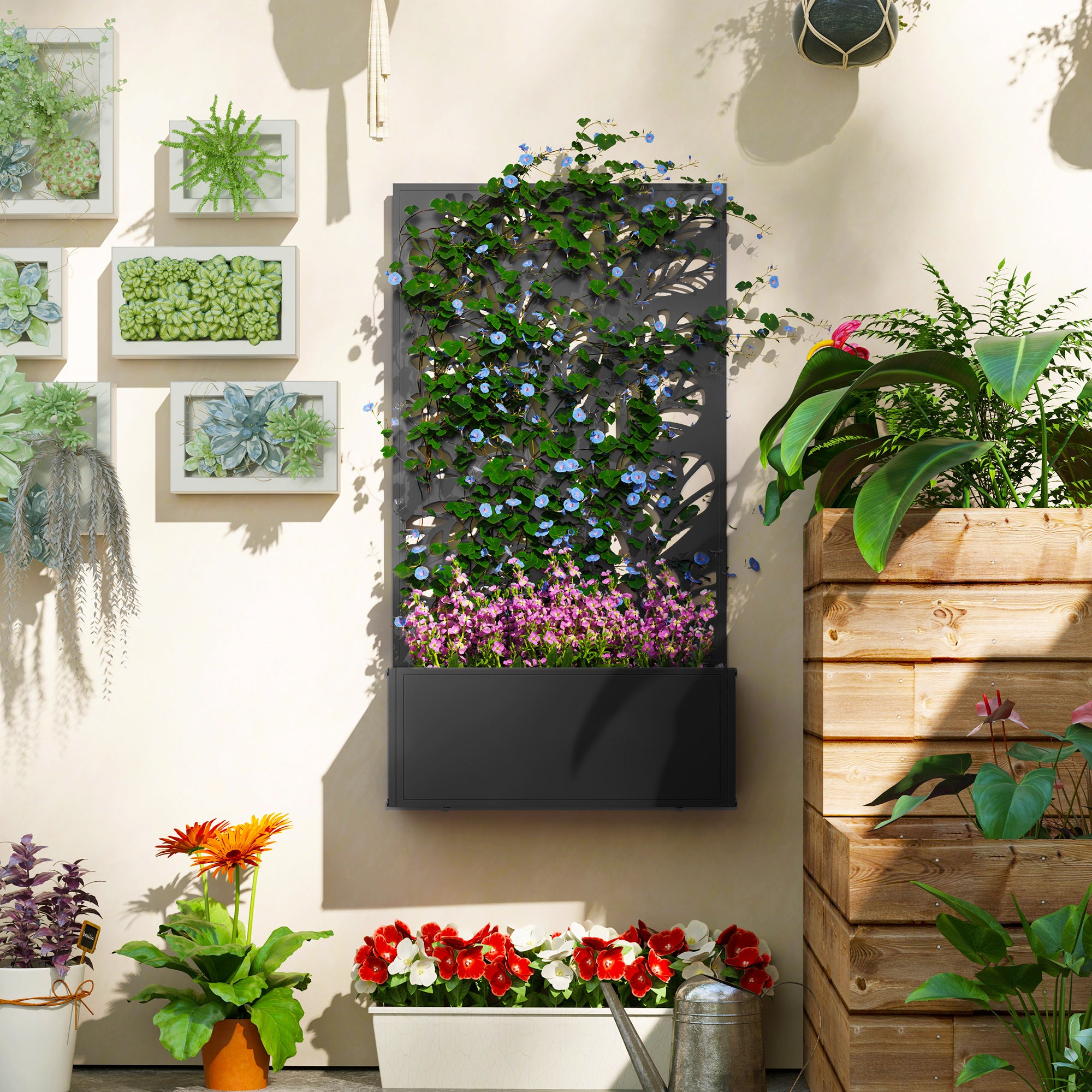 Jardinière avec brise-vue paravent treillis pour Plante Grimpante, bac à Fleurs - dim. 61L x 23l x 113H cm - 4