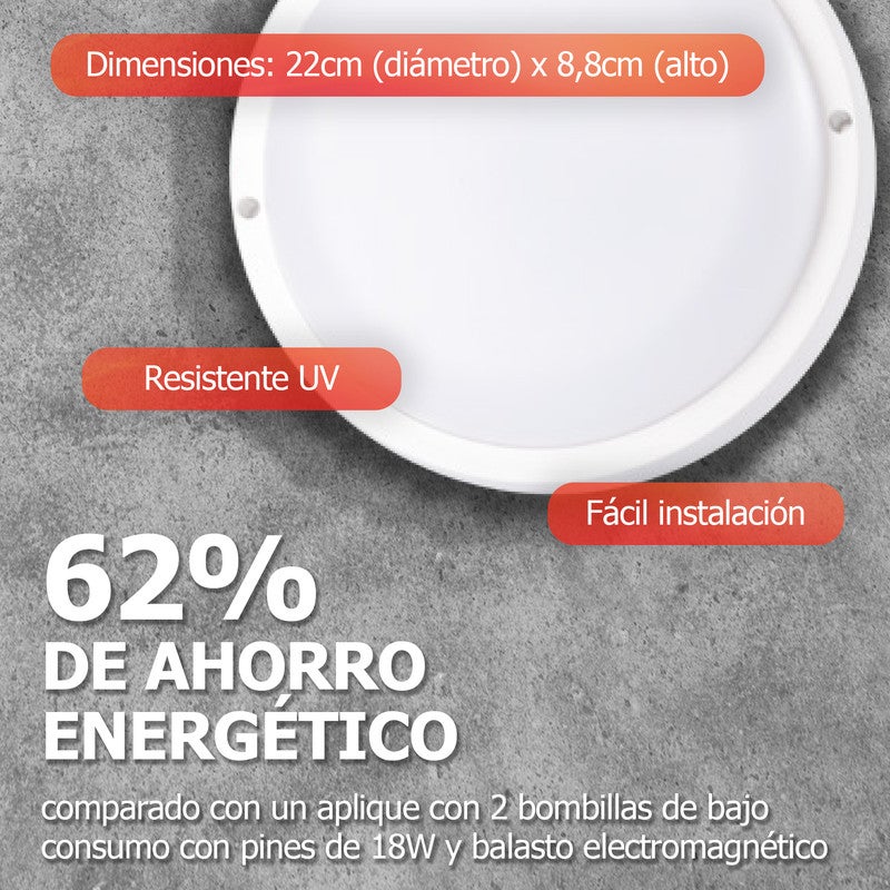 Aplique de pared LED, 22cm de diámetro y 8,8cm de altura, 4000K, 20W, No regulable, 1600 Lúmenes, CRI80, IP54, IK06, 35.000 h de Vida Útil - PILA - 5