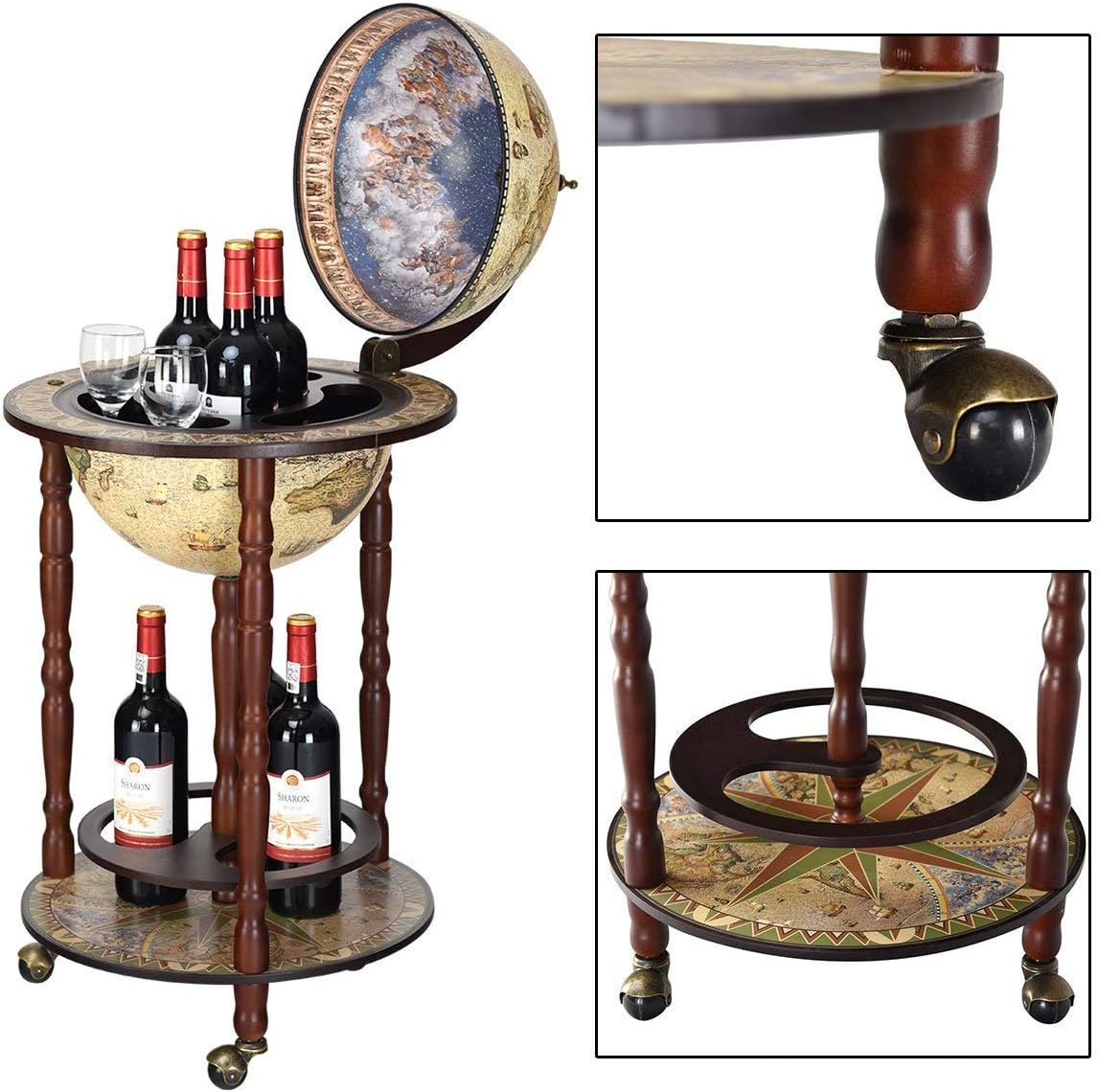 Bar Globe Terrestre Vintage COSTWAY – Mappemonde En Bois D'Eucalyptus 16e Siècle Avec Roulette, Porte-Bouteilles & Espace Verres