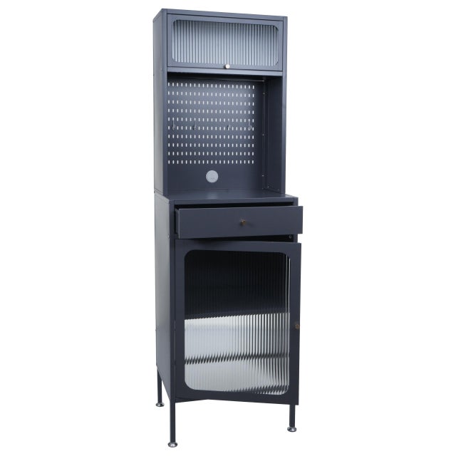 Szafka wysoka HWC-P99, szafka kuchenna z miejscem na odkurzacz automatyczny, półki metalowe i szklane, 182 x 54 x 40 cm ~ antracyt