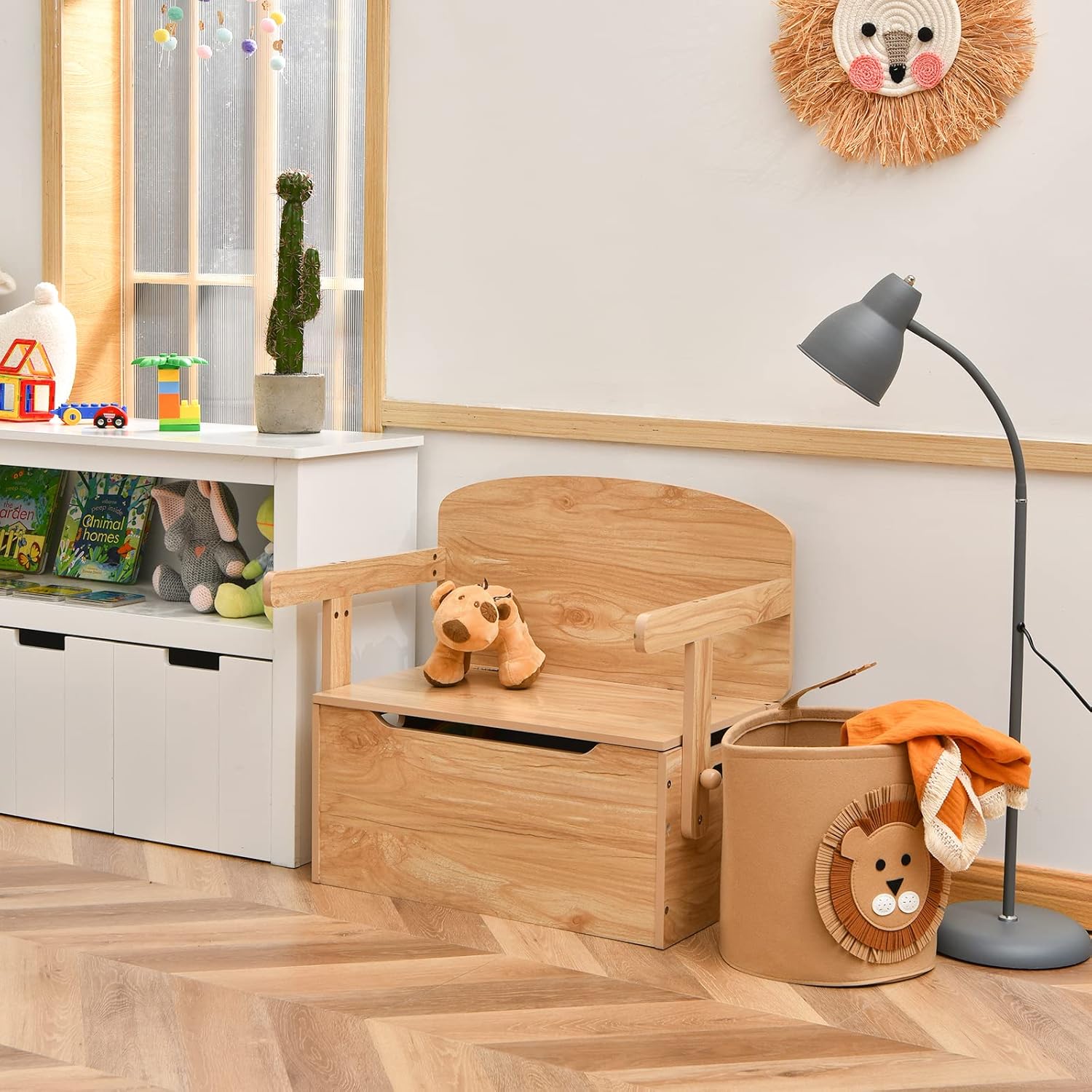 Table Chaise Enfant 3 en 1, Banc Coffre a Jouet Enfant en Bois avec Couvercle, Dossier, Boîte de Rangement, Table d'Activités pour 3-7 Ans (Naturel) - 5