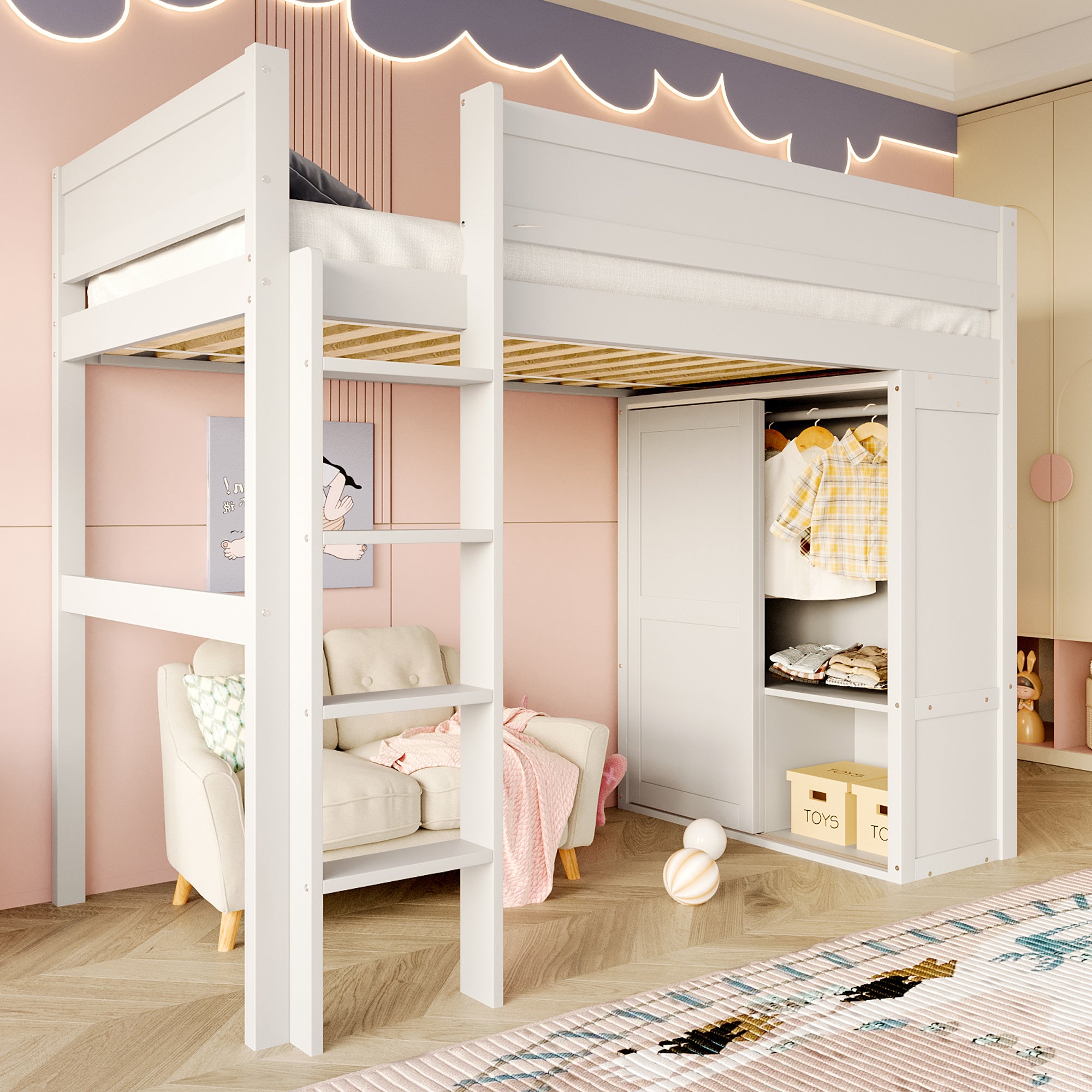 Hochbett dla dzieci 90x200cm z szafką i schowkiem, klon i MDF, biały