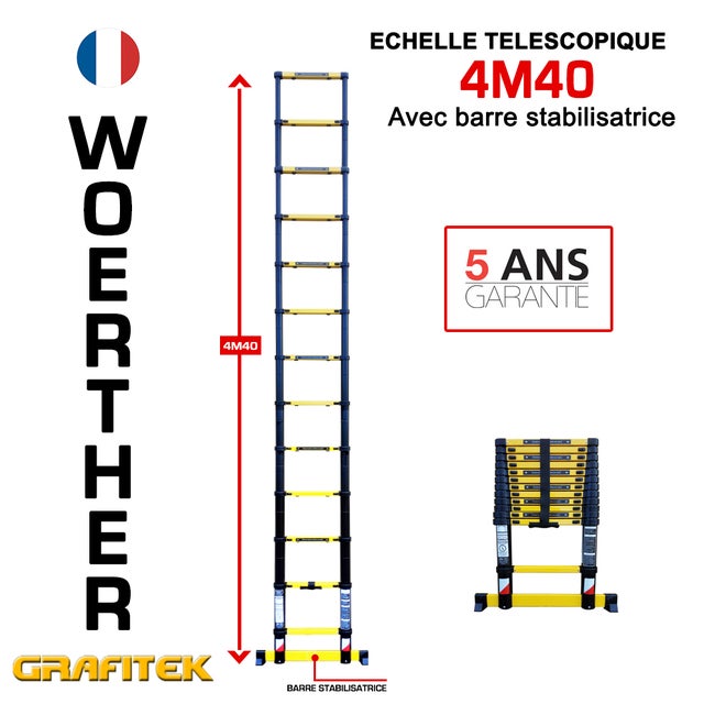 Echelle Télescopique 4m40 Woerther Grafitek Avec Barre Stabilisatrice - Garantie 5 Ans - Qualité Supérieure