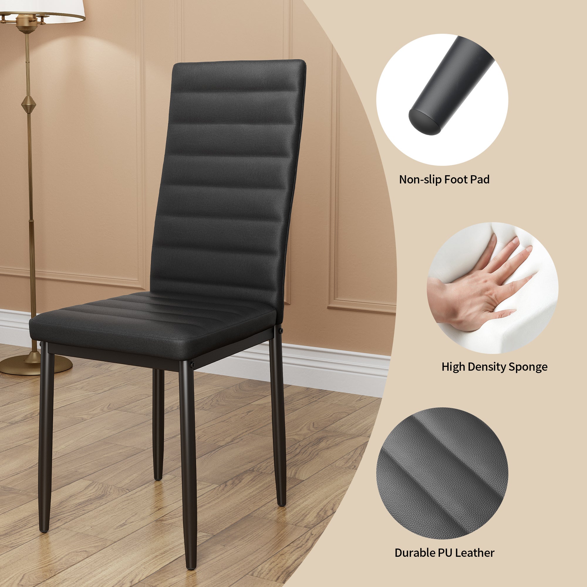 Set da pranzo Bealife con tavolo e sedie: 1 tavolo in vetro con 4 sedie in similpelle, struttura in metallo e base antiscivolo nera - 3