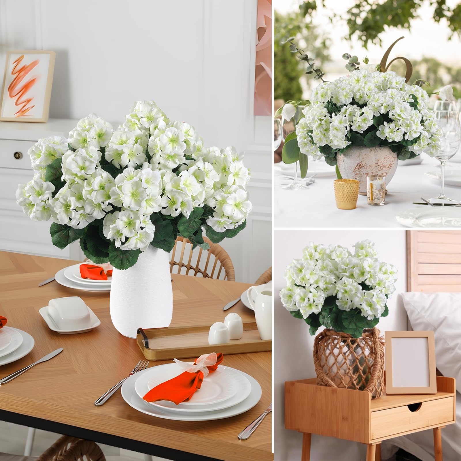 4 Geranios de Seda con Protección UV, Flores Artificiales y Plantas Verdes Realistas para Decoración, Blanco, 35 cm - 9