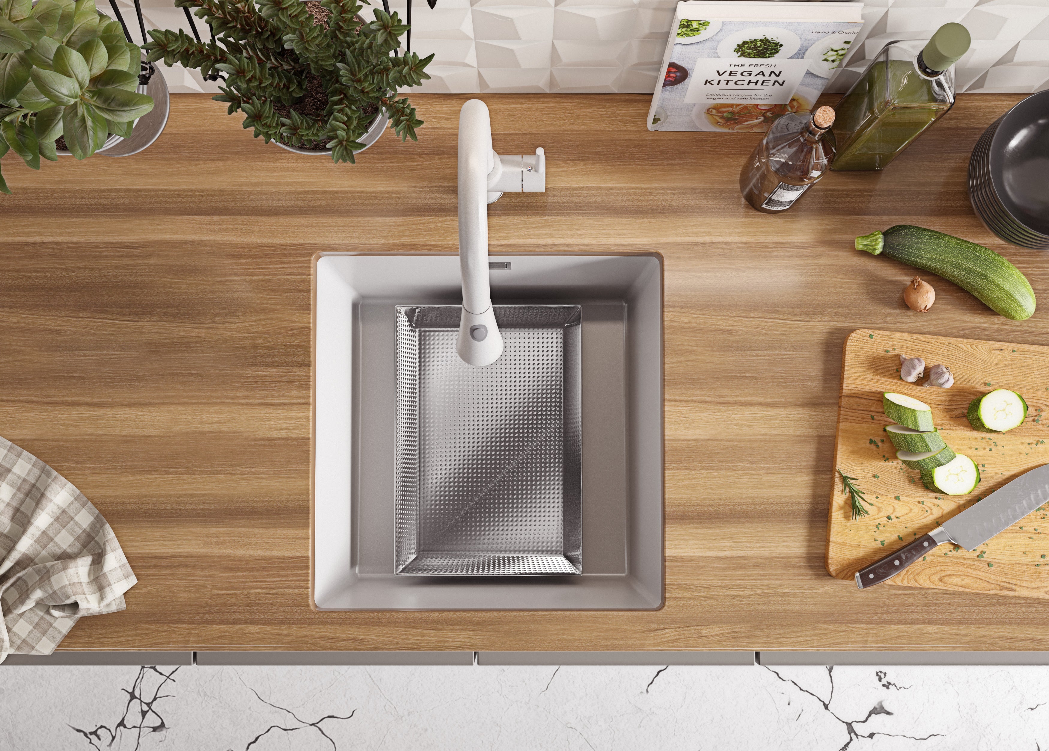 Lavandino sottotop Bianco 46x47cm, Lavello in Granito a 1 vasca + Sifone Classico + Accessori, Lavabo da Cucina al mobile 50cm - London PRIMAGRAN - 4