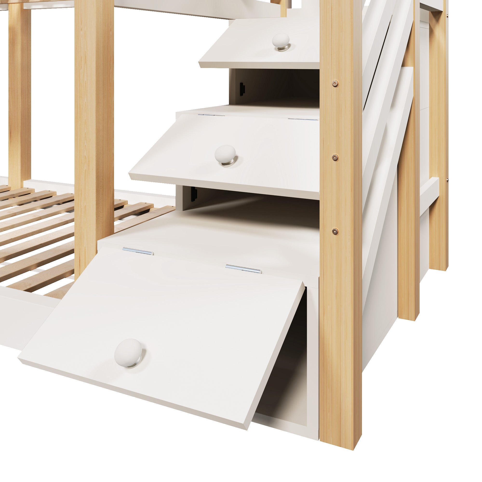 Lit superposé 90x200 cm – style cabane avec tableau noir, rangements et barrière de sécurité – naturel et blanc - 8