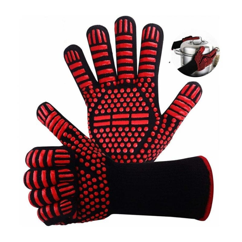 Rękawice do grilla, odporne na temperaturę do 800°C, włókno trudnopalne, 1 para, czerwone