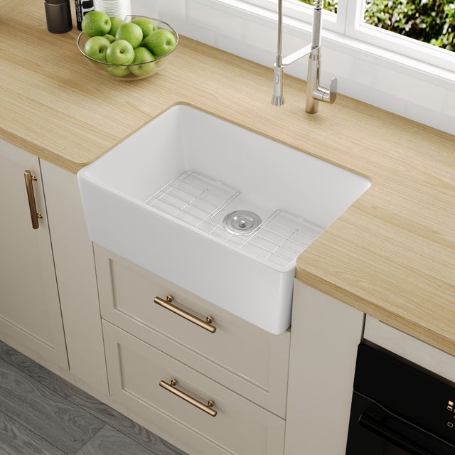Évier Timbre d'Office en céramique DeerValley – Bac profond 60,5 x 40,8 cm, rebord intégré, grille inox et passoire incluses