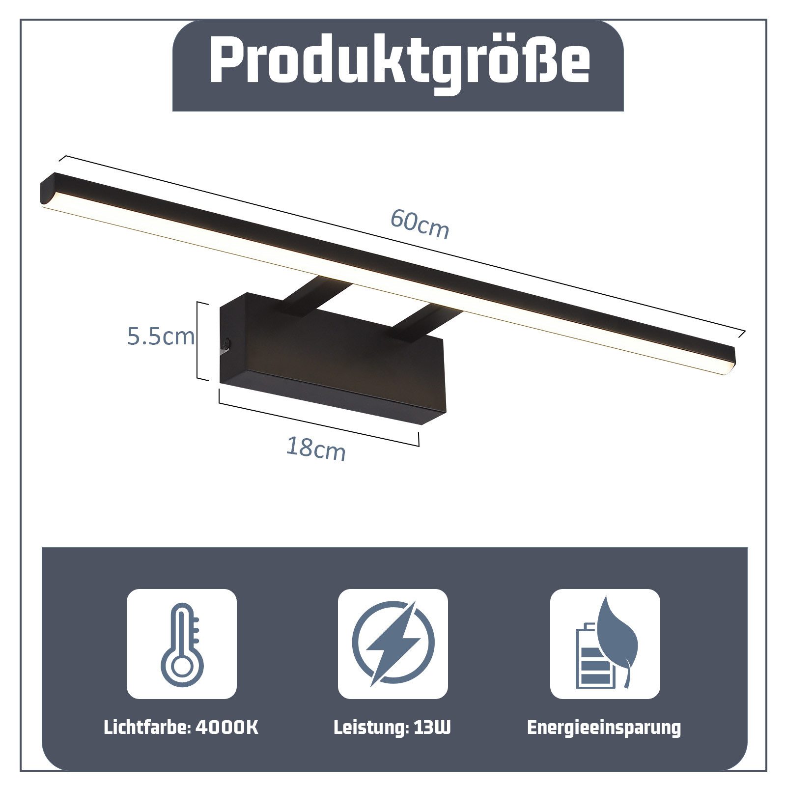 NETTLIFE Lampe à miroir LED noire 60CM Moderne 4000K Salle de bain Lampe à miroir murale - 3