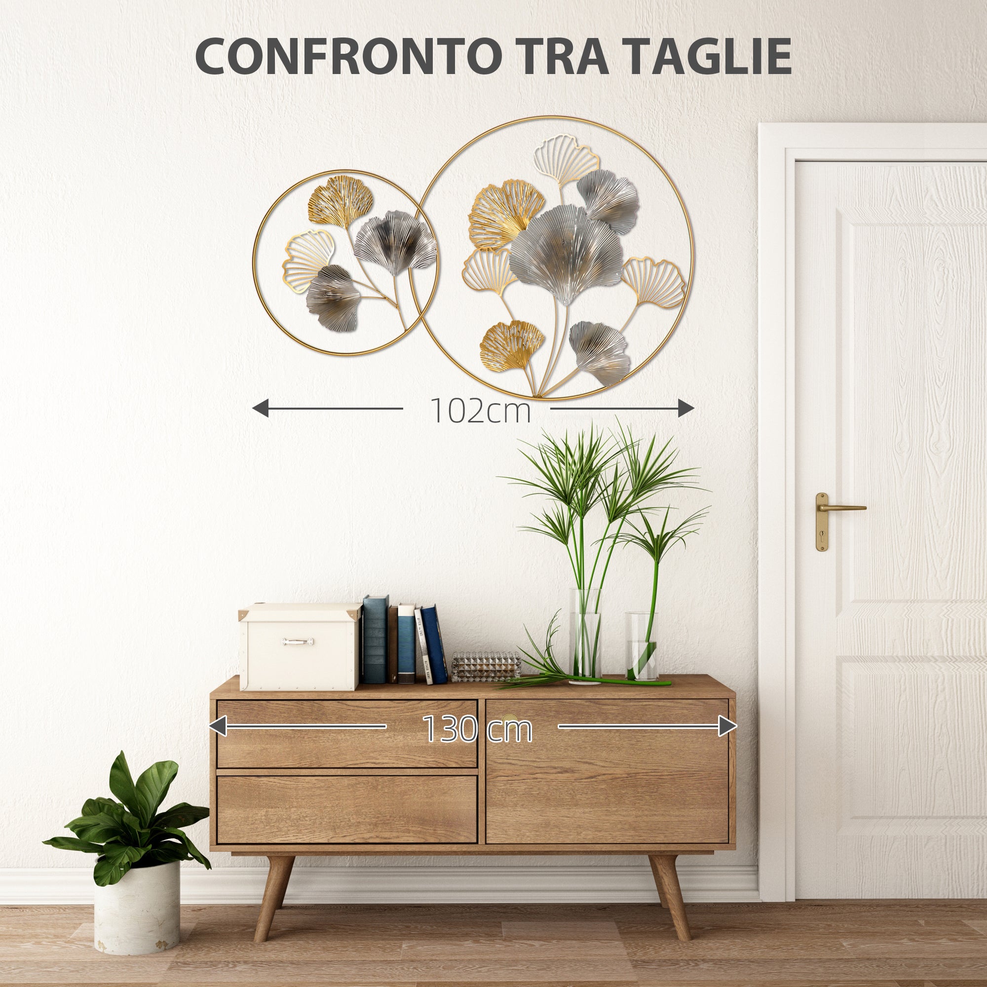 HOMCOM Decorazione Murale 3D in Metallo, Wall Art Dorata con Foglie di Ginkgo in due Cornici Rotonde, 102x66.2cm, Oro e Argento - 7
