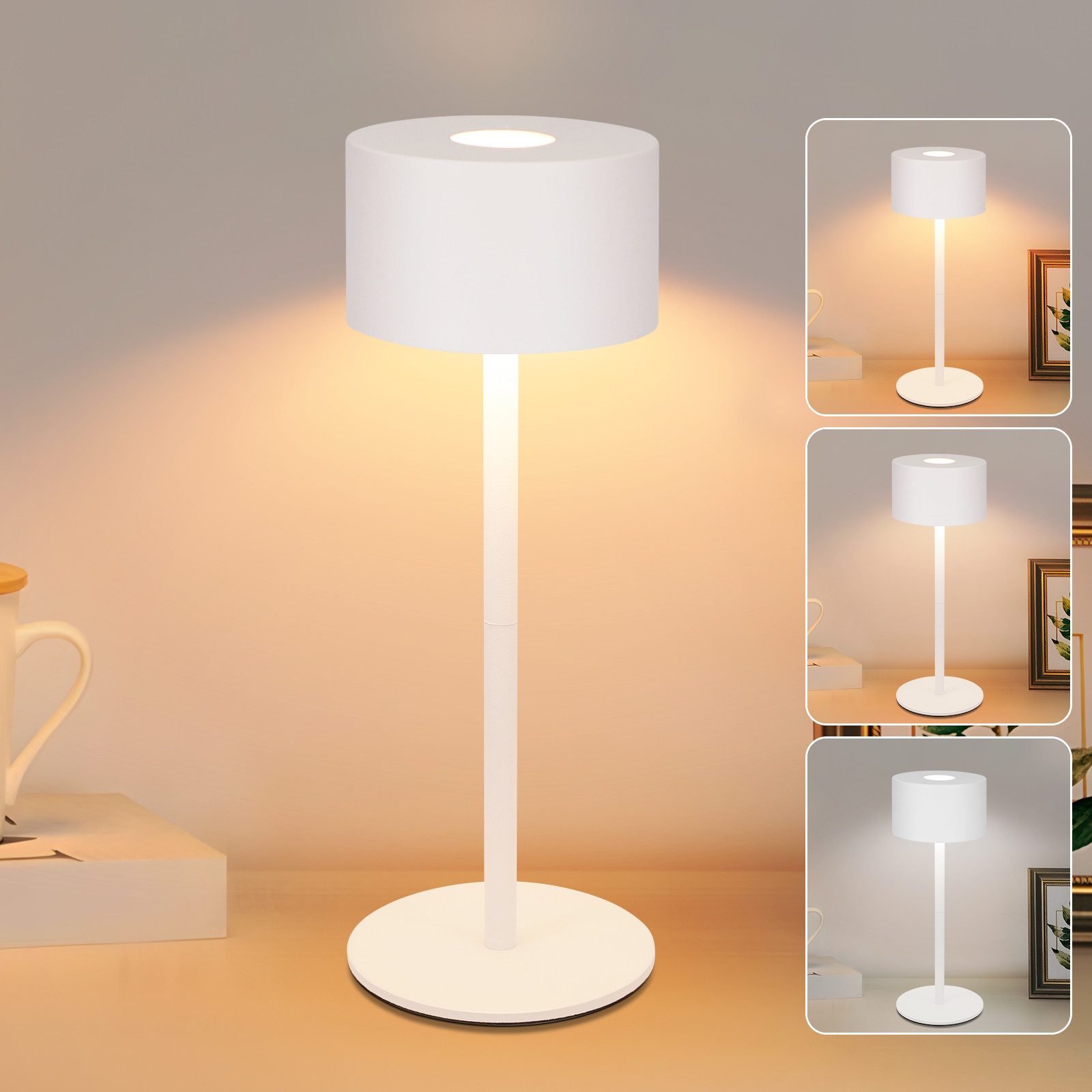 NETTLIFE Bezprzewodowa lampa stołowa LED: ściemnialna lampa stołowa dotykowa z 3 temperaturami barw, regulowana wysokość, USB