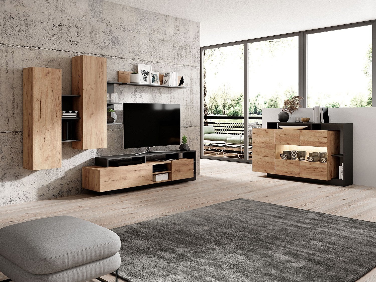 Mur TV avec rangements - Coloris : Naturel et anthracite - IDESIA - 7
