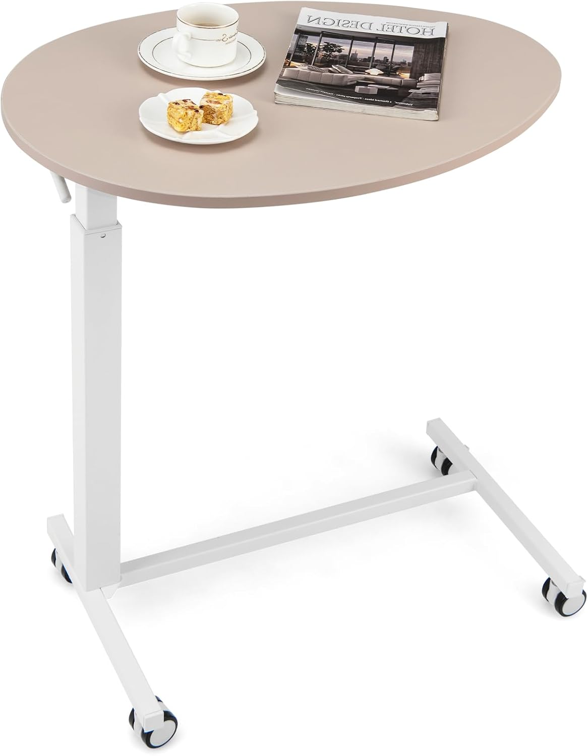 Biurko Owalne z Regulacją Wysokości i Blokowanymi Kółkami, Przenośne Stanowisko Pracy z Pneumatycznym Podnośnikiem, Obrotowy Blat, Białe i Różowe