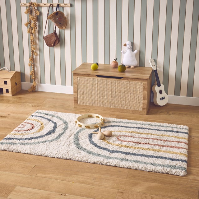 Alfombra infantil rainbow, interior crema y multicolor, Dakota, 150x80x3 cm