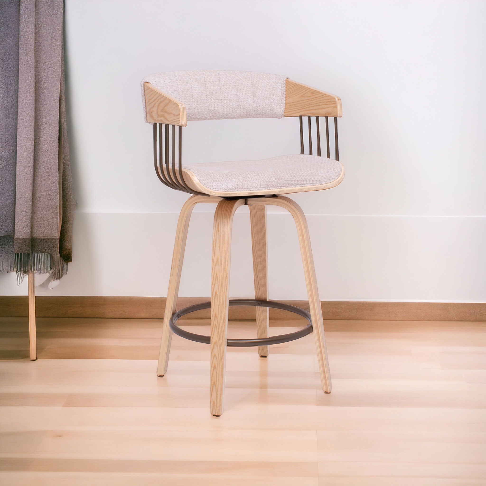 Colonia - Set 2 Sgabelli Imbottiti 49,5x92x37,5 cm Seduta Girevole in Legno Plywood e Tessuto Beige - 2