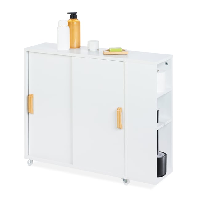 Relaxdays Armoire étroite salle de bain, 4 compartiments, porte-brosse WC, HxLxP : 62 x 19,5 x 64 cm, MDF, bambou, blanc