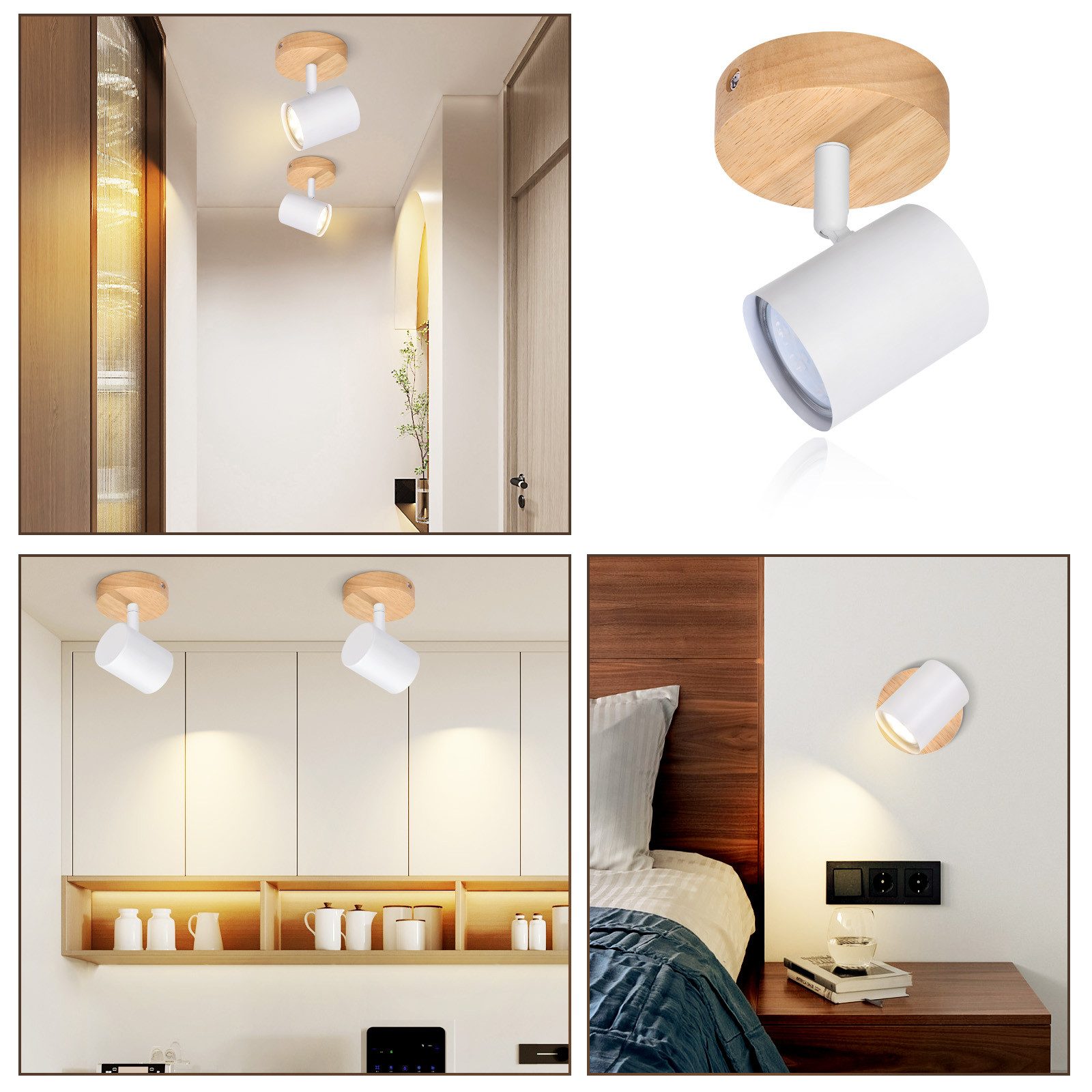 NETTLIFE Plafonnier LED 1 flamme - Blanc Plafonnier GU10 Spot pivotant Applique murale en bois Spot mural pour salon chambre Sans ampoule - 7