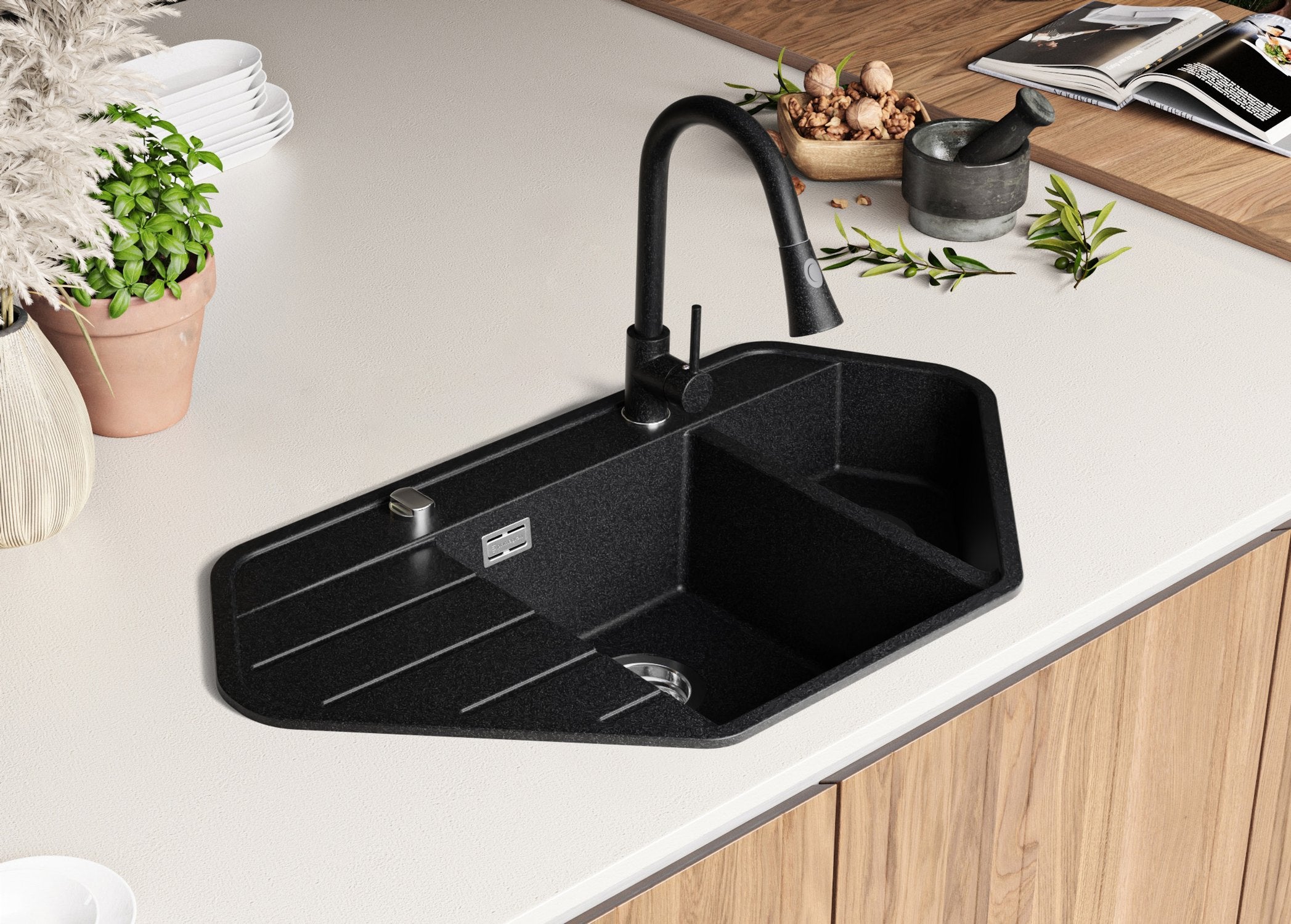 Zlewozmywak Narożny Grafitowy 90x50cm, Zlew Kuchenny 1,5 Komorowy + Syfon, Nablatowy do szafki od 70cm - Kopenhaga Corner PRIMAGRAN