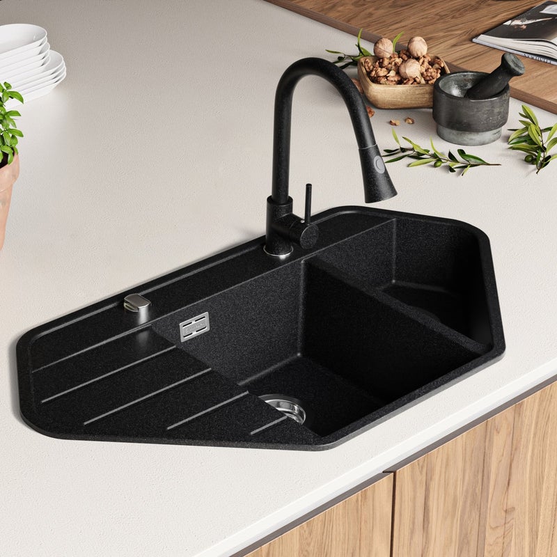 Zlewozmywak Narożny Grafitowy 90x50cm, Zlew Kuchenny 1,5 Komorowy + Syfon, Nablatowy do szafki od 70cm - Kopenhaga Corner PRIMAGRAN