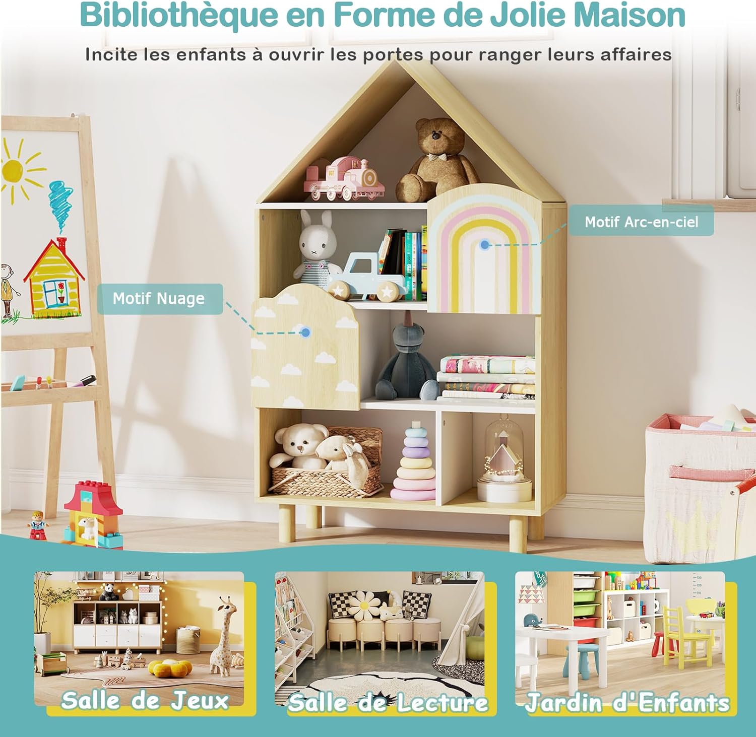 Bibliothèque pour Enfants, Étagère en Forme de Maison avec 2 Portes, Système Anti-basculement & Pieds en Bois Massif, pour Chambre d'Enfants, Naturel - 4