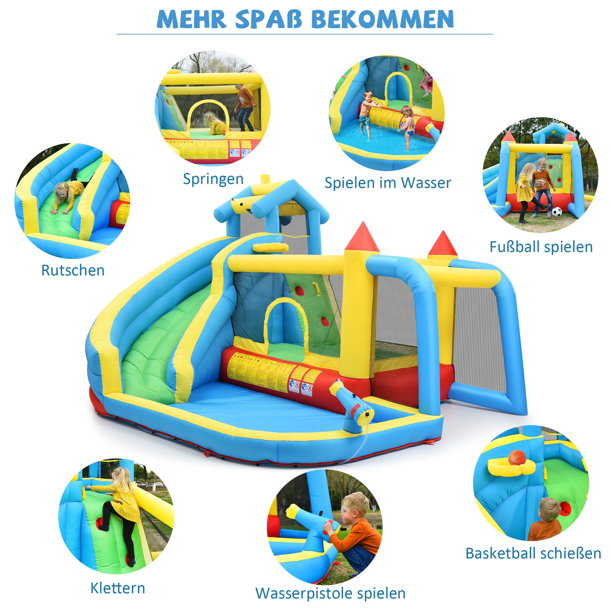Aire de jeux 5 en 1 avec toboggan, zone de saut, piscine d'eau, filet de football - 364 x 315 x 239 - Tissu Oxford - Bleu - 5