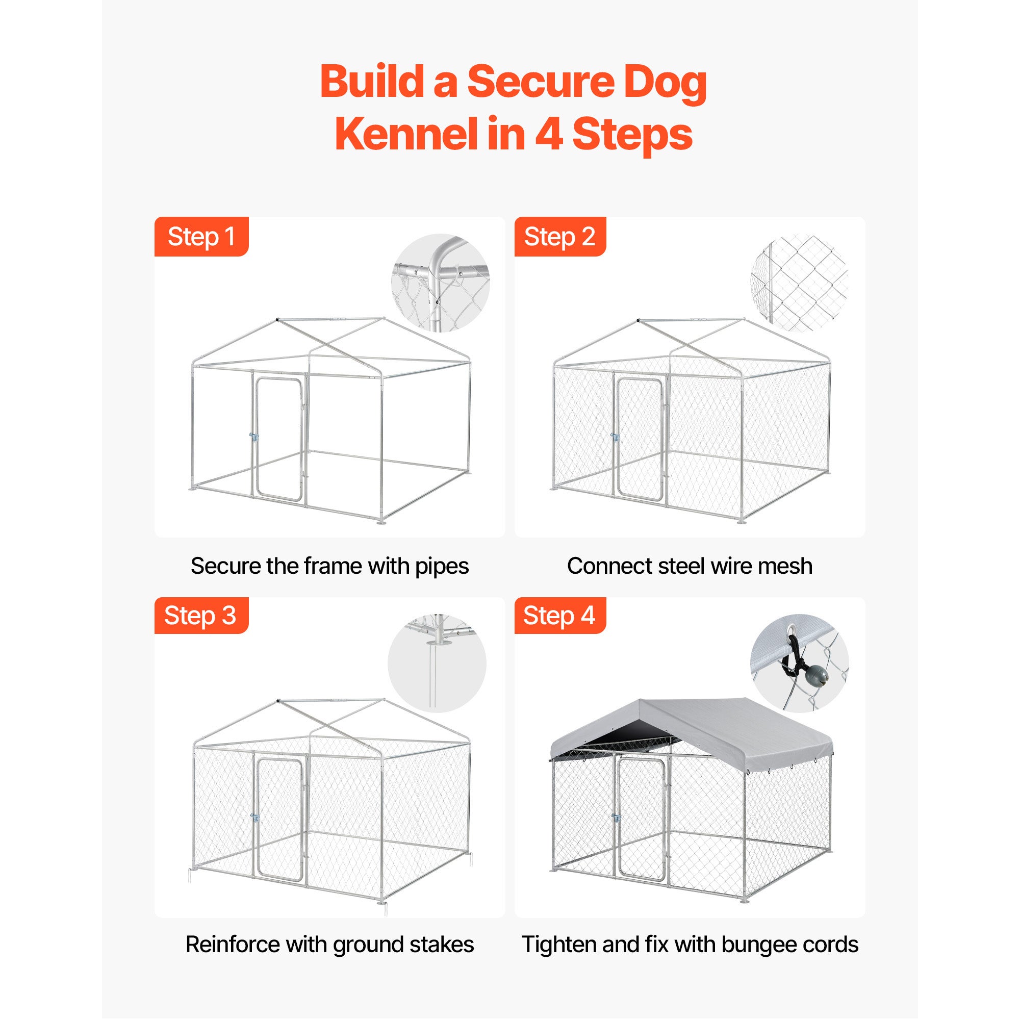 Canil exterior SucceBuy 2x2x1,6 m com cobertura, resistente e à prova de intempéries, cercado para cães de grande porte com capa de PE prateada - 6