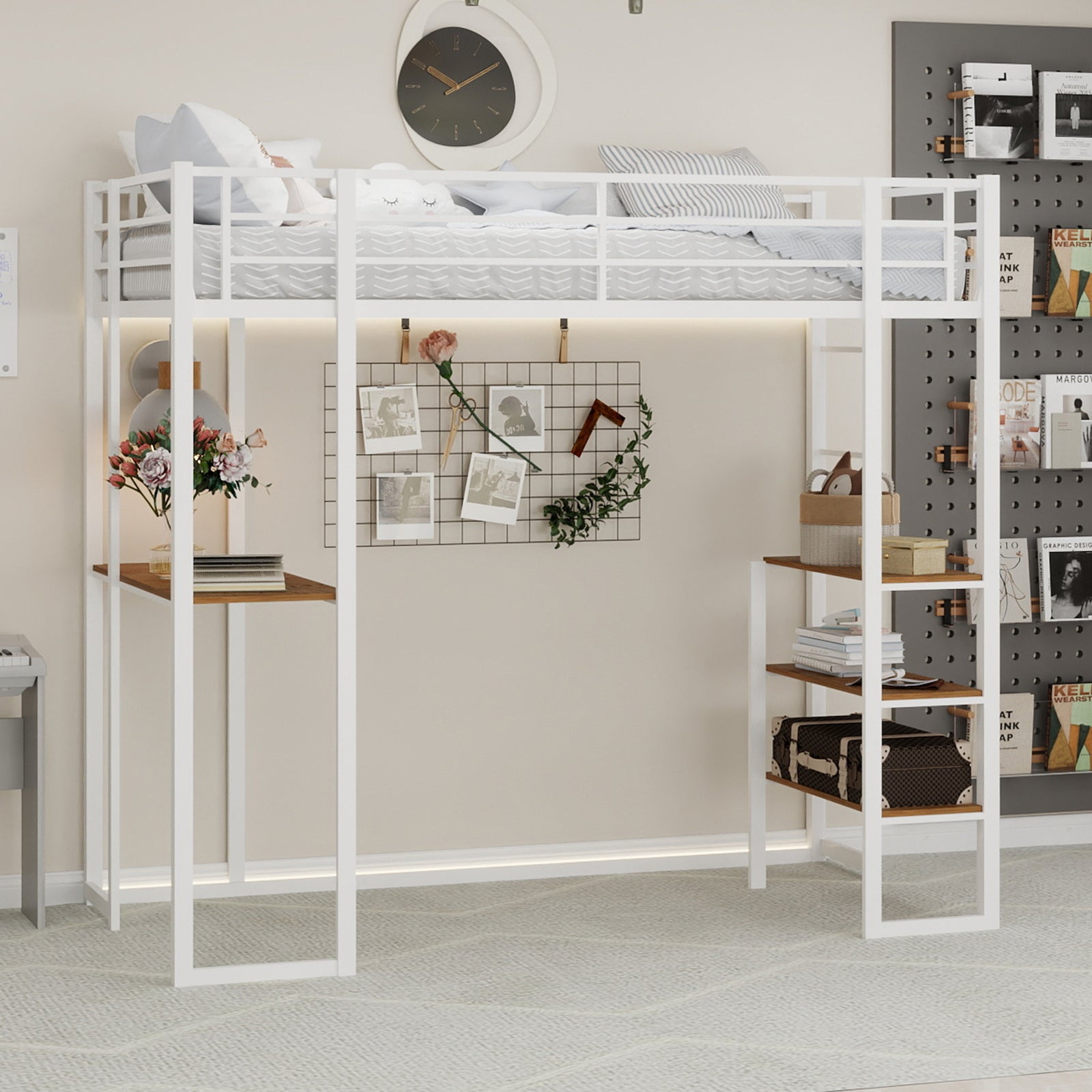 Łóżko Piętrowe Metalowe z Biurkiem, Łóżko dla Dzieci i Młodzieży z Boczną Drabiną i Przestrzenią w Kształcie Litery L - Białe