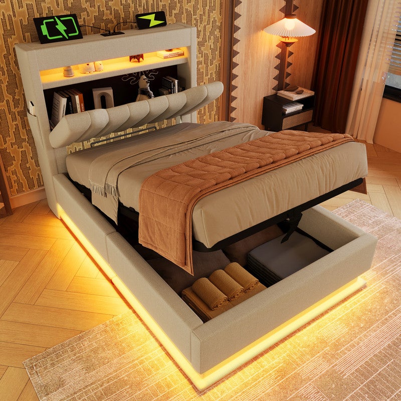Lit coffre lit banquette 90x200 cm lit enfant lit rembourré avec LED, USB et Type-C, tissu velours, beige | Leroy Merlin