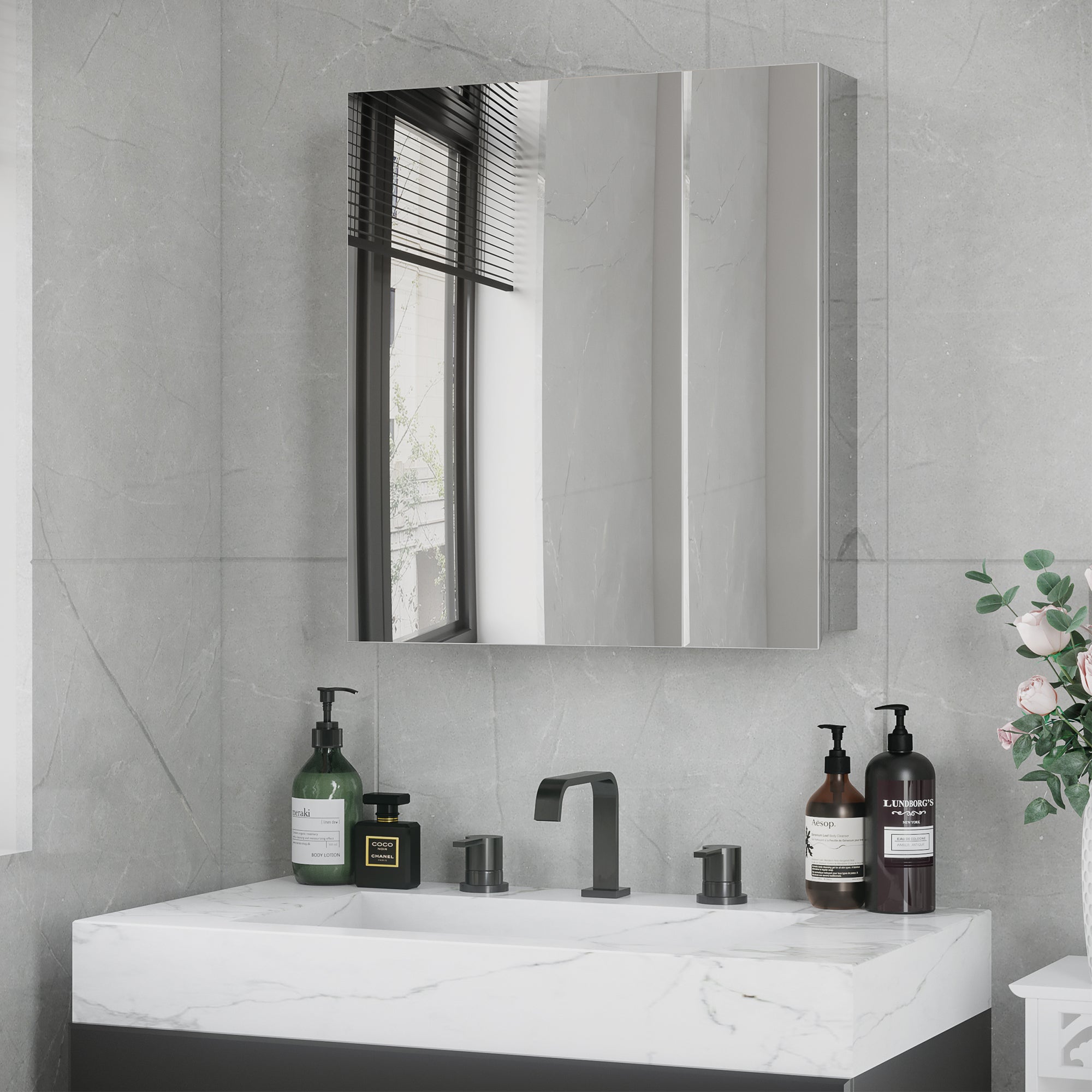 AKORD Armoire de Salle de Bain Miroir VAMI 90 cm - Rangement Mural 2 Portes 6 Étagères - Meuble avec Compartiments Ouverts - Miroir Rangement SDB