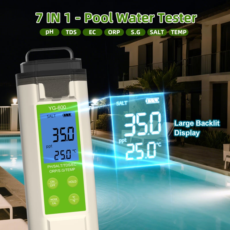 Testeur de sel 7 en 1 pour piscines, mesureur numérique salinité pH ORP, qualité de l'eau (chlorure de sodium) - 3