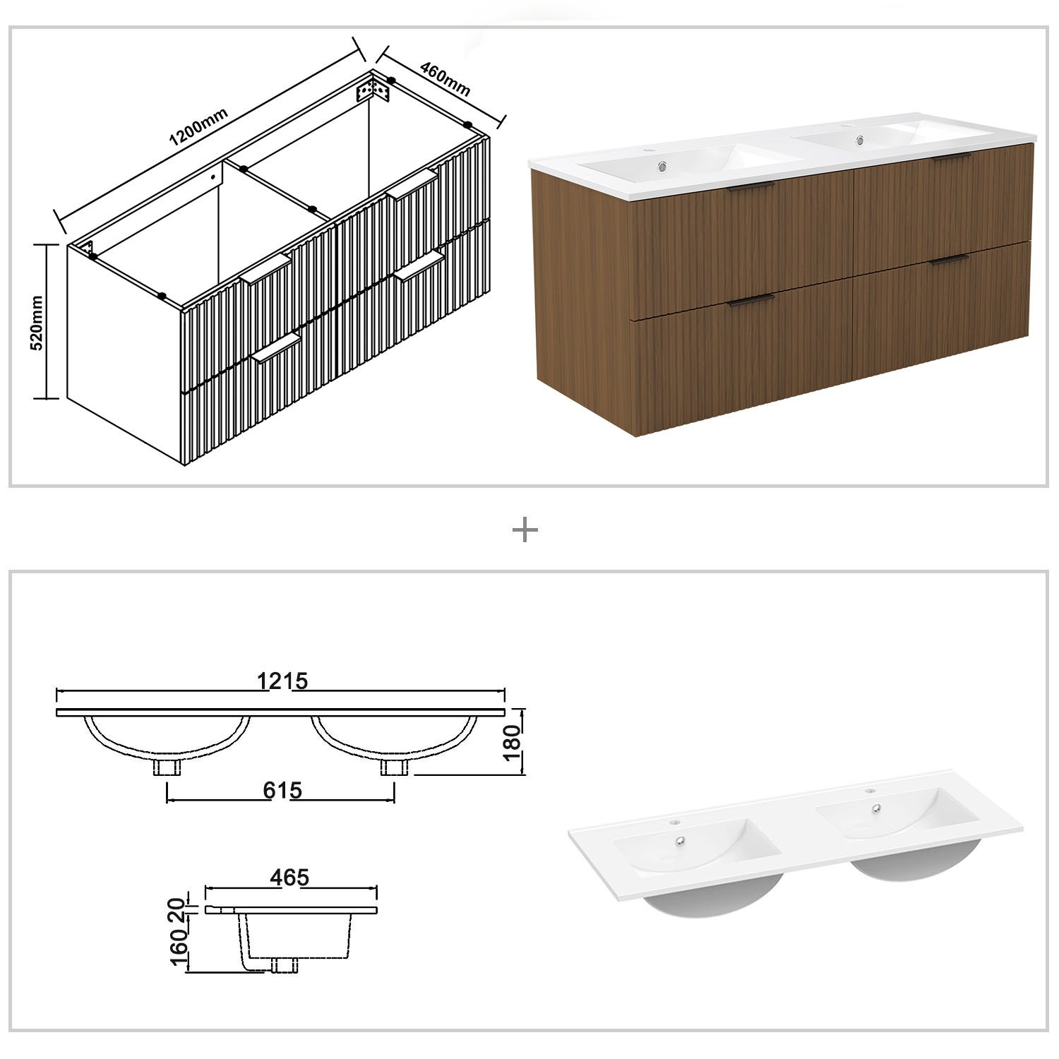 AICA Meuble de salle de bain mural 120 cm Noyer - 4 tiroirs + Lavabo double en céramique - 3