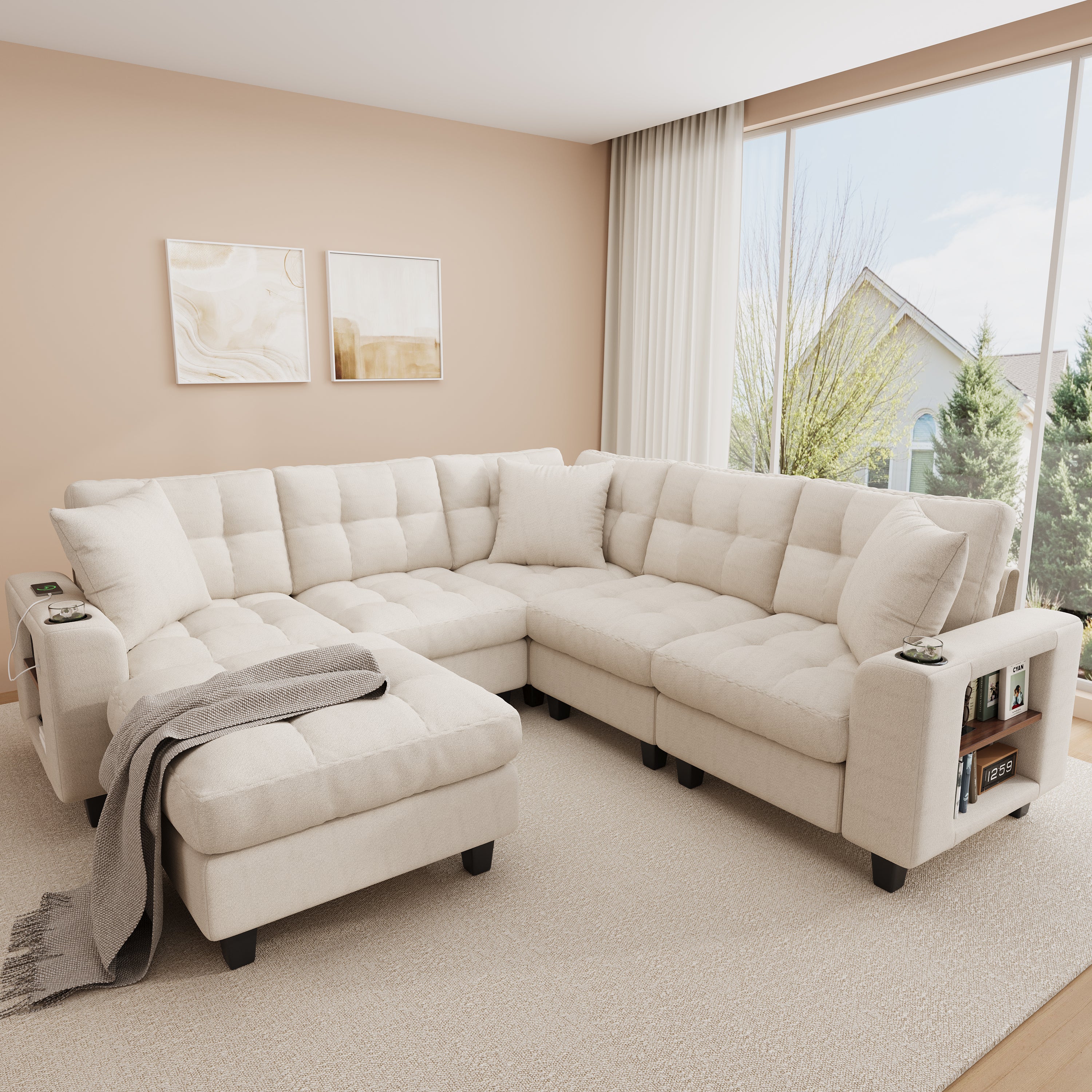 Canapé d'Angle XXL Modulaire en U, 6 Places en Chenille avec Accoudoirs Bibliothèque, Pouf Amovible, Porte-Gobelets et Ports USB/USB-C Intégrés, Beige - 2
