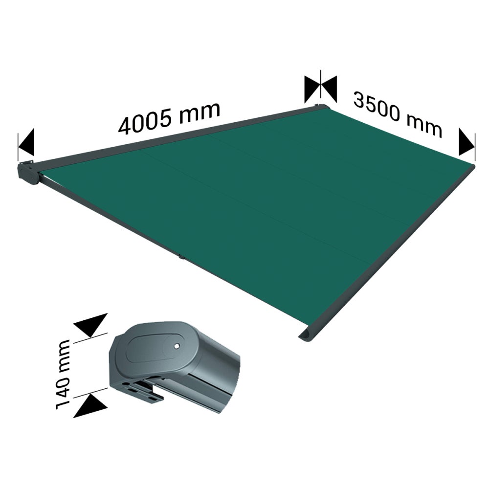 Store banne Coffre intégral PROTECT 2 LED Gris Anthracite 4,05x3,50m Motorisé à télécommande + Eclairage LED - Toile Verte - 4