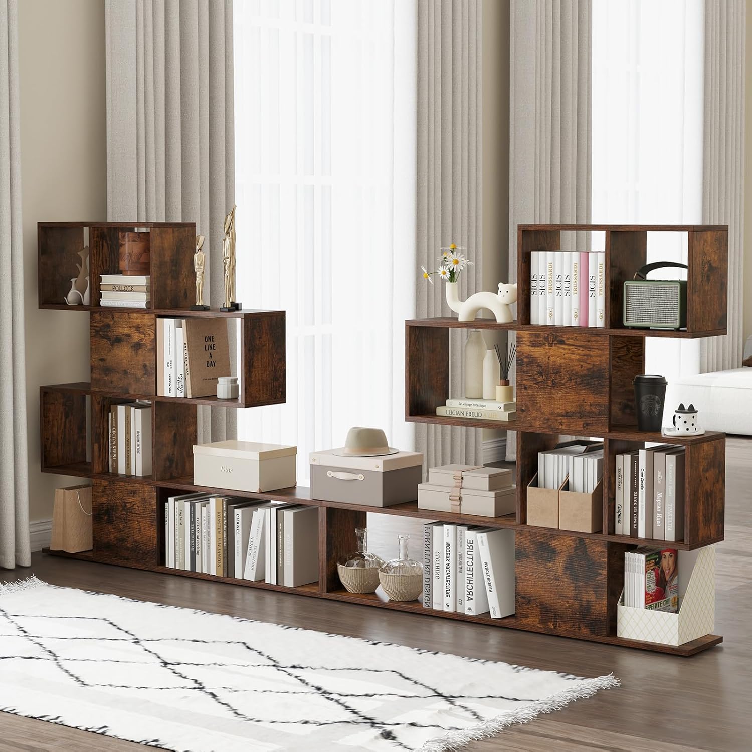 Libreria in Legno, 5 Livelli con Ante, Scaffale Multifunzionale a Forma di Scala, Ideale per Soggiorno Studio Ufficio, 120x19,5x109cm (Marron) - 8
