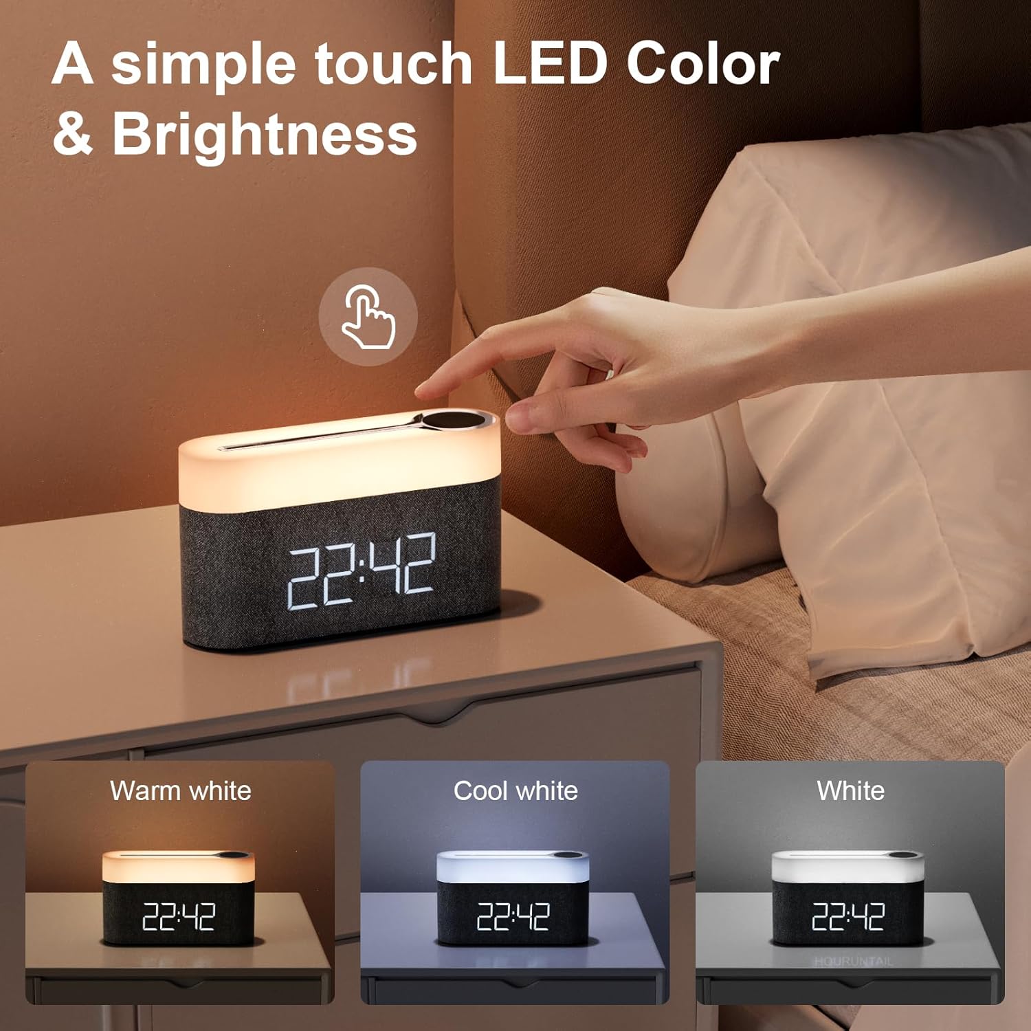 Réveil multifonction avec chargement sans fil, lampe de chevet tactile 15 W max, veilleuse 3 couleurs pour chambre, table de chevet, bureau (noir) - 7