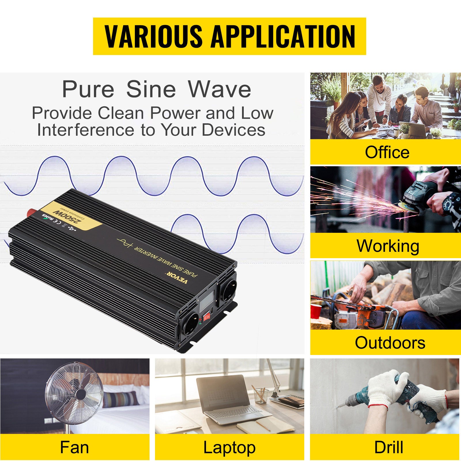 Onduleur à Onde Sinusoïdale VEVOR Pure DC 12V à AC 230V 2500W Convertisseur de Tension Pure Protections de Sécurité avec Télécommande Câble écran LCD - 7