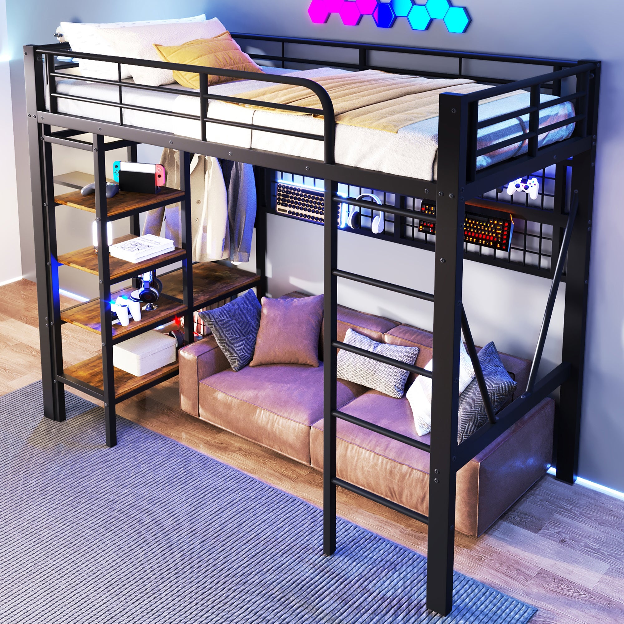 Lit mezzanine 90x200cm multifonction avec rangements, Lit simple avec LED intégrées, filet suspendu et barre pour vêtements, structure métallique Noir - 4