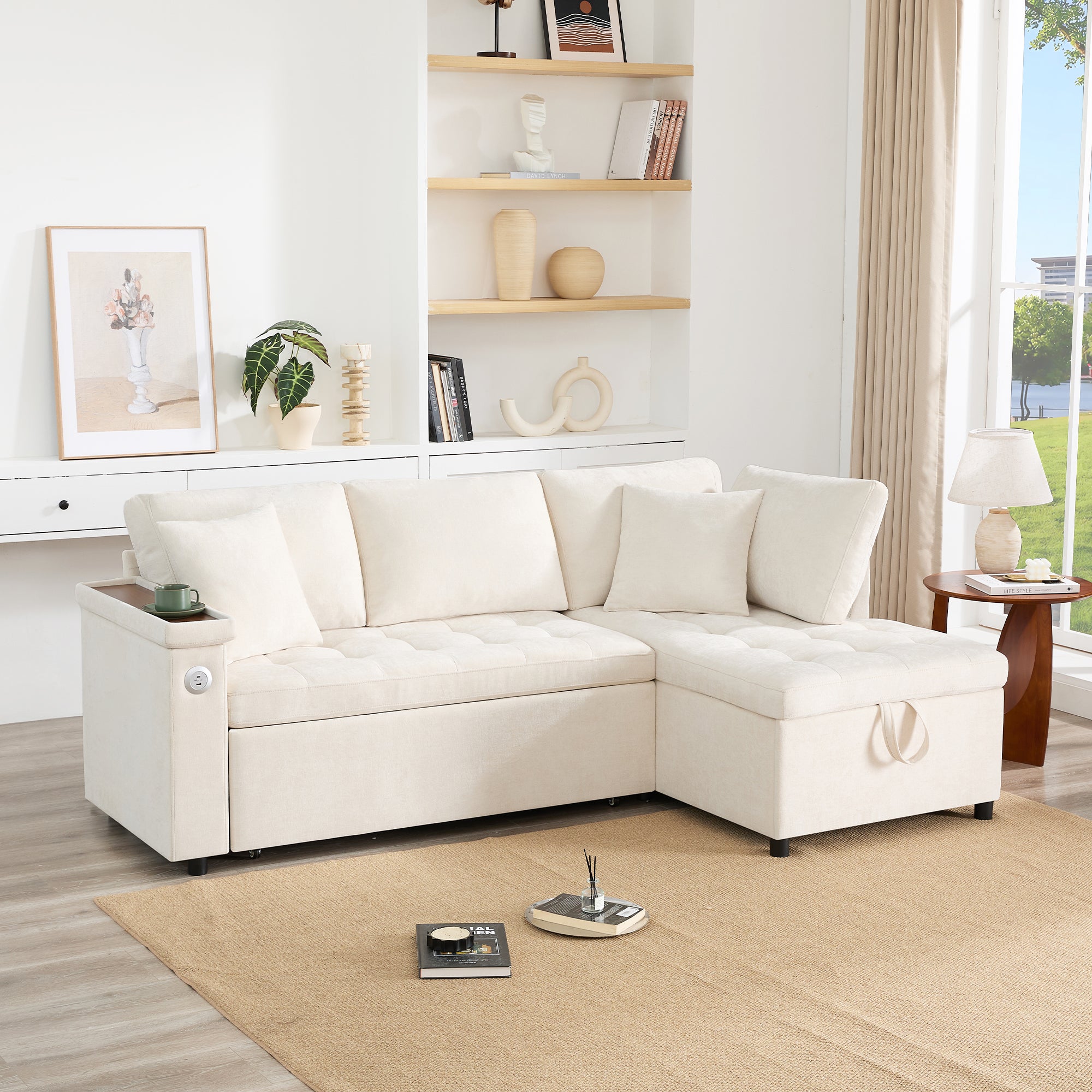 Canapé d'Angle Convertible avec Coffre , Canapé,Lit Moderne 2 à 3 Places avec Port USB, Tissu Chenille Beige - 3