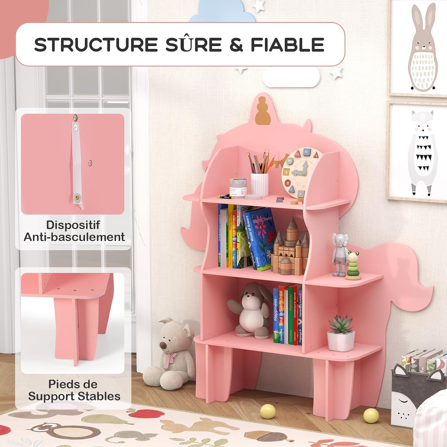 Libreria in Legno per Bambini, Organizzatore di Archiviazione Giocattoli con Ripiani, Adorabile Scaffale con Anti-Ribaltamento per Stanza dei - 7