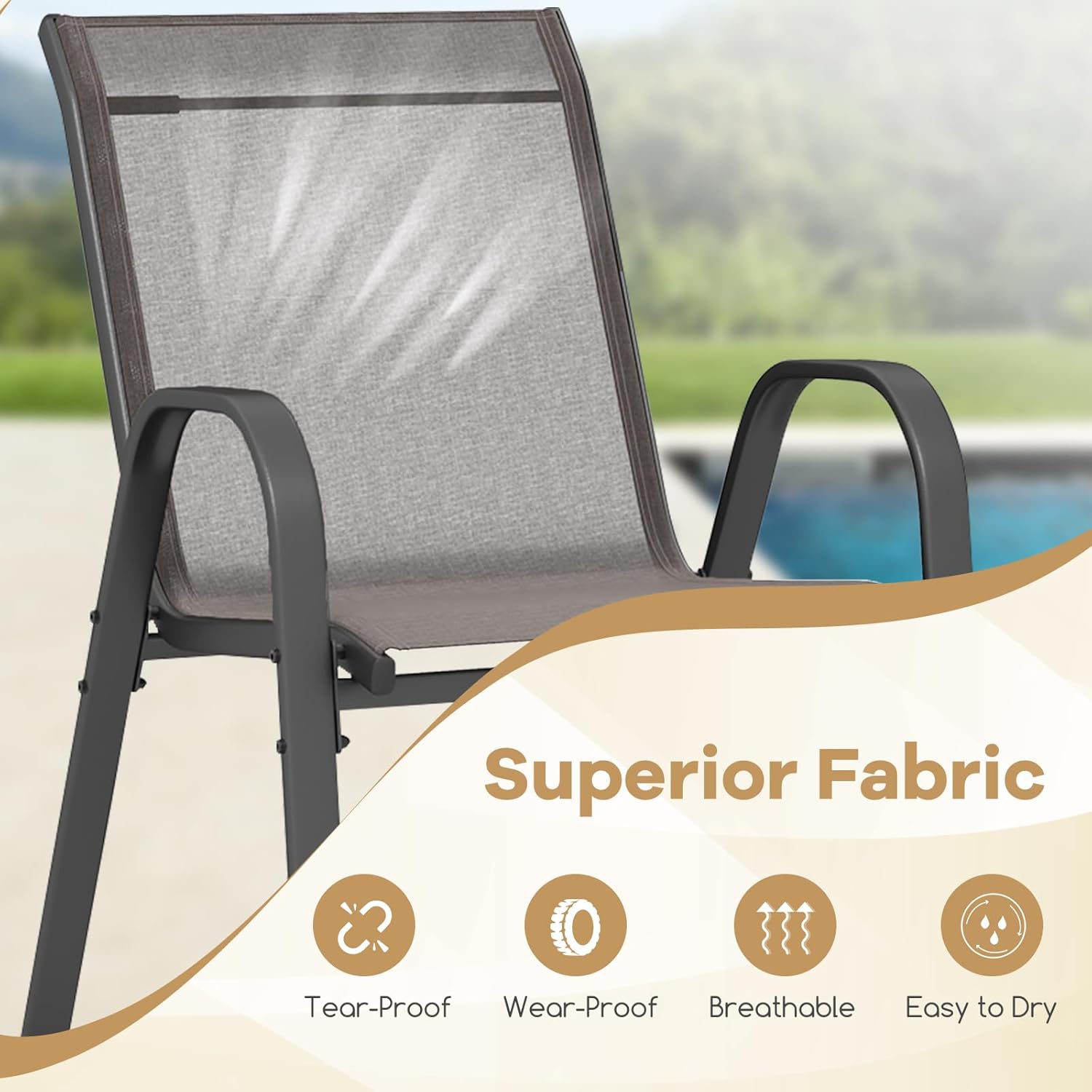 Lot de 4 Chaises de Jardin Extérieur Métal et Textilène, Fauteuil de Jardin Empilable avec Accoudoirs et Dossier, 56x70x84cm, Charge 150kg, Gris - 9