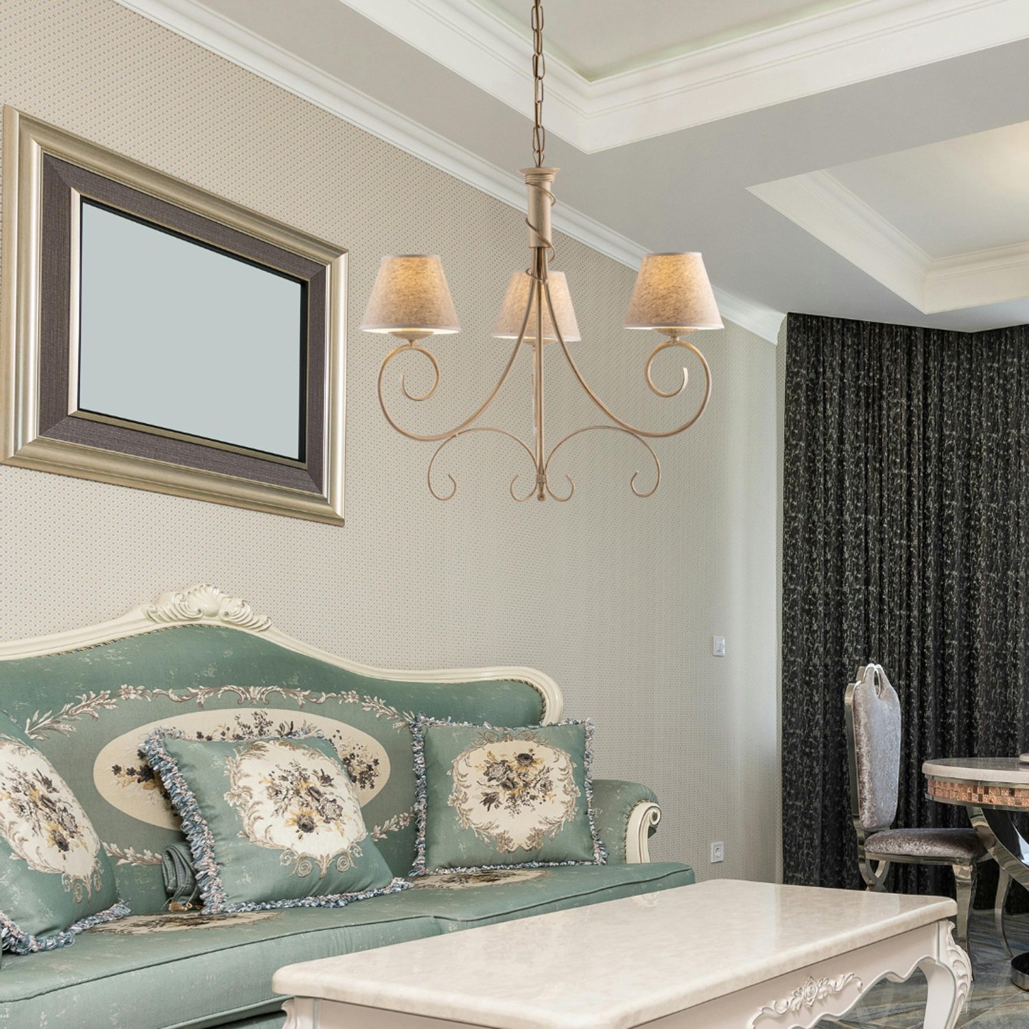 Lustre Vienna fer ivoire, décor or antique, abat-jour jute d.13, 3 lumières d.52 cm, déco douce et lumineuse - 3