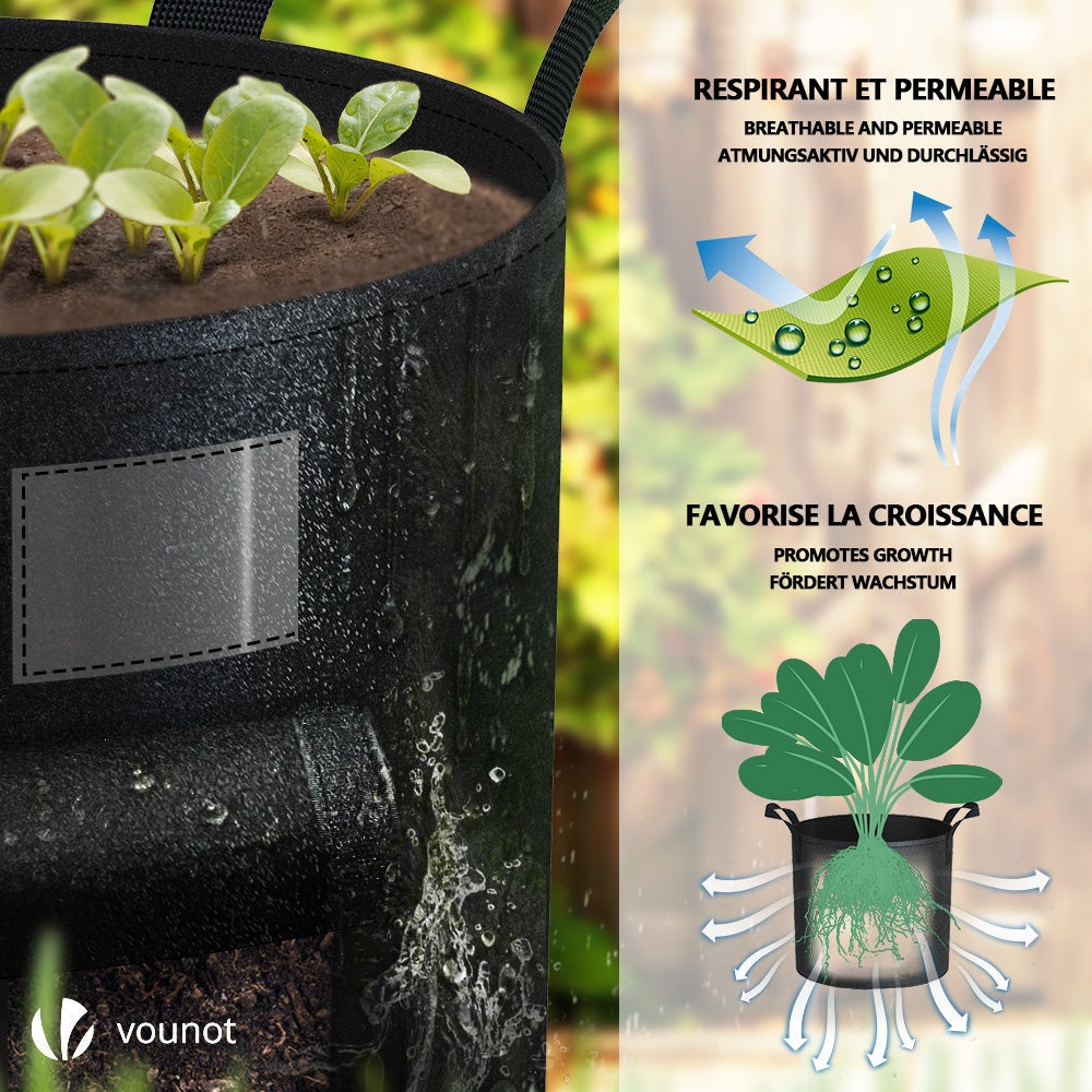 Lot de 3 sacs de plantation non tisse avec fenetre velcro et poignee 43L Noir VOUNOT® - 4
