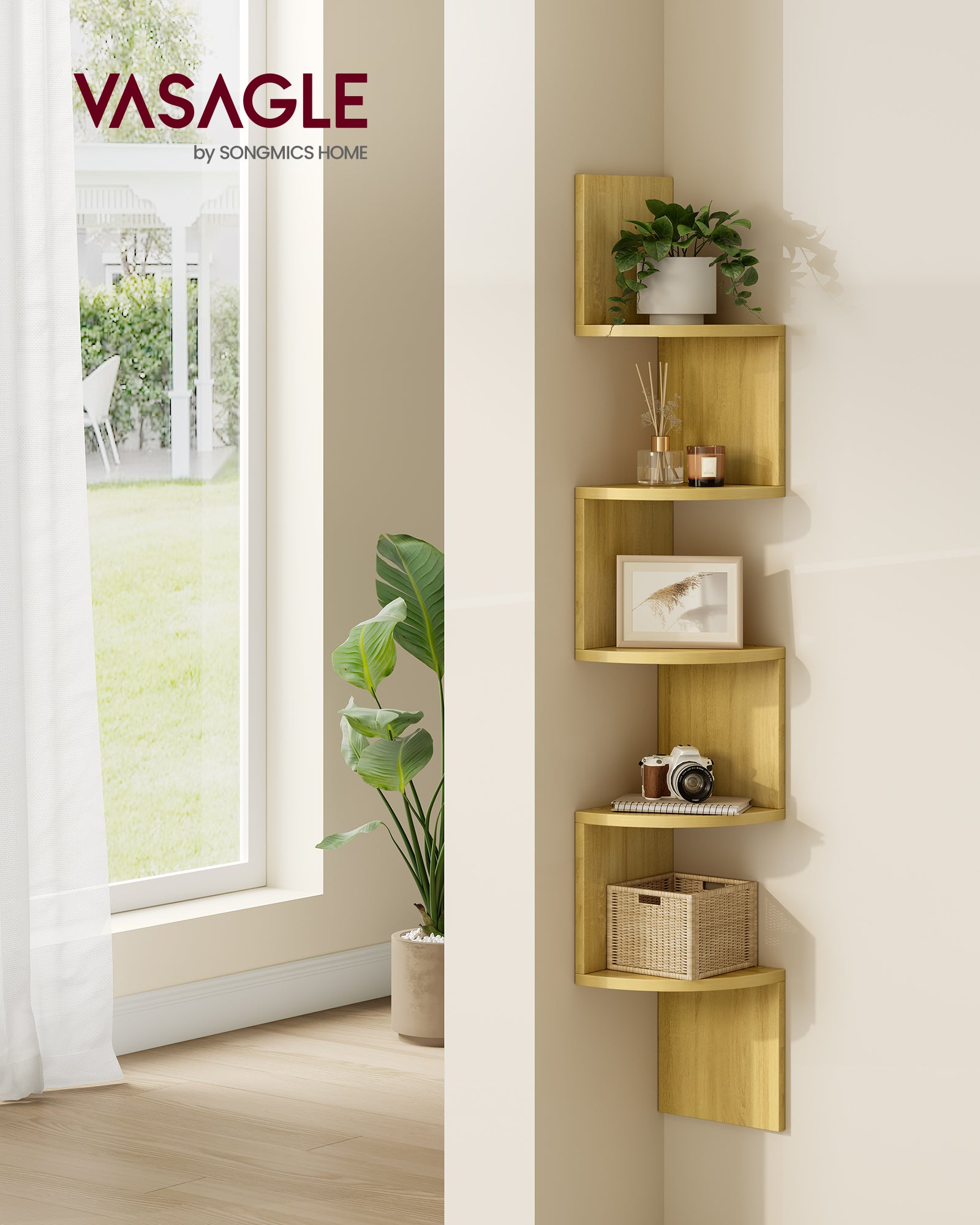 Librería esquinera, estantería esquinera de Pared, estantería de Pared con 5 estantes, para Dormitorio, salón, baño, Roble Natural - 2