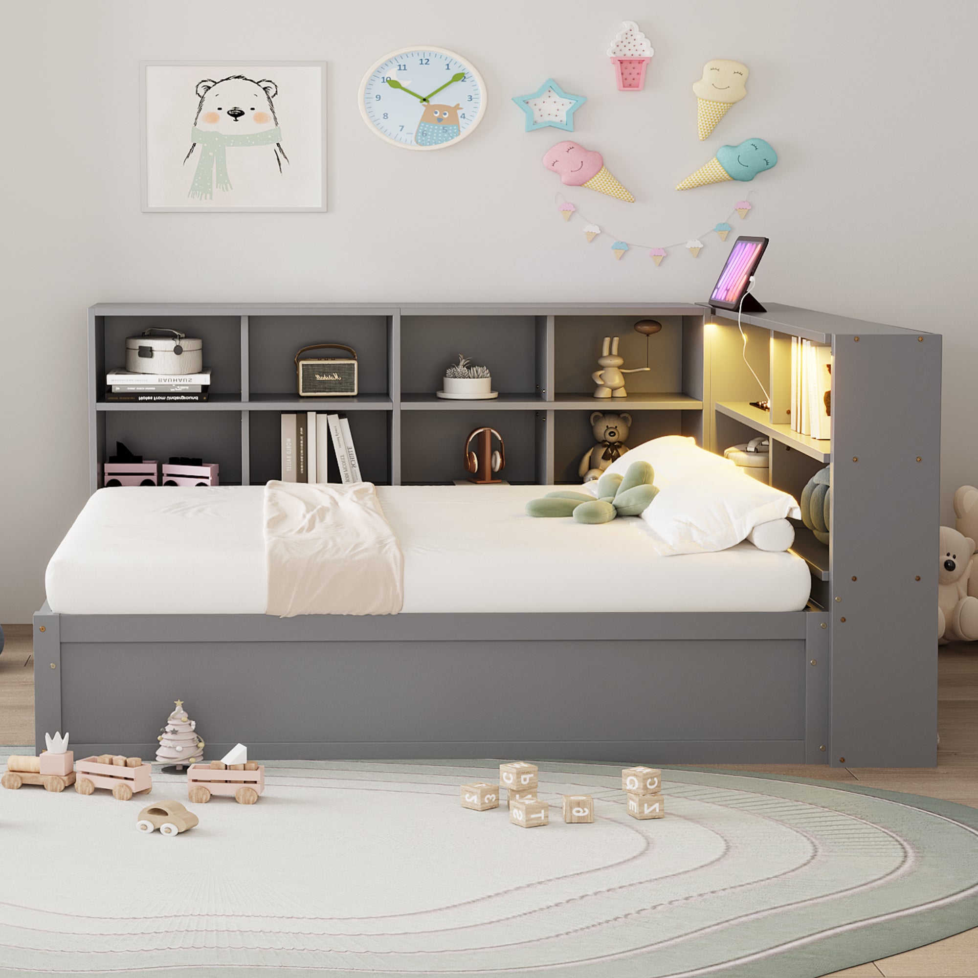 Sofa rozkładana 90x200cm - Z gniazdkiem i schowkiem - Z listwą oświetleniową - Szara (bez materaca)