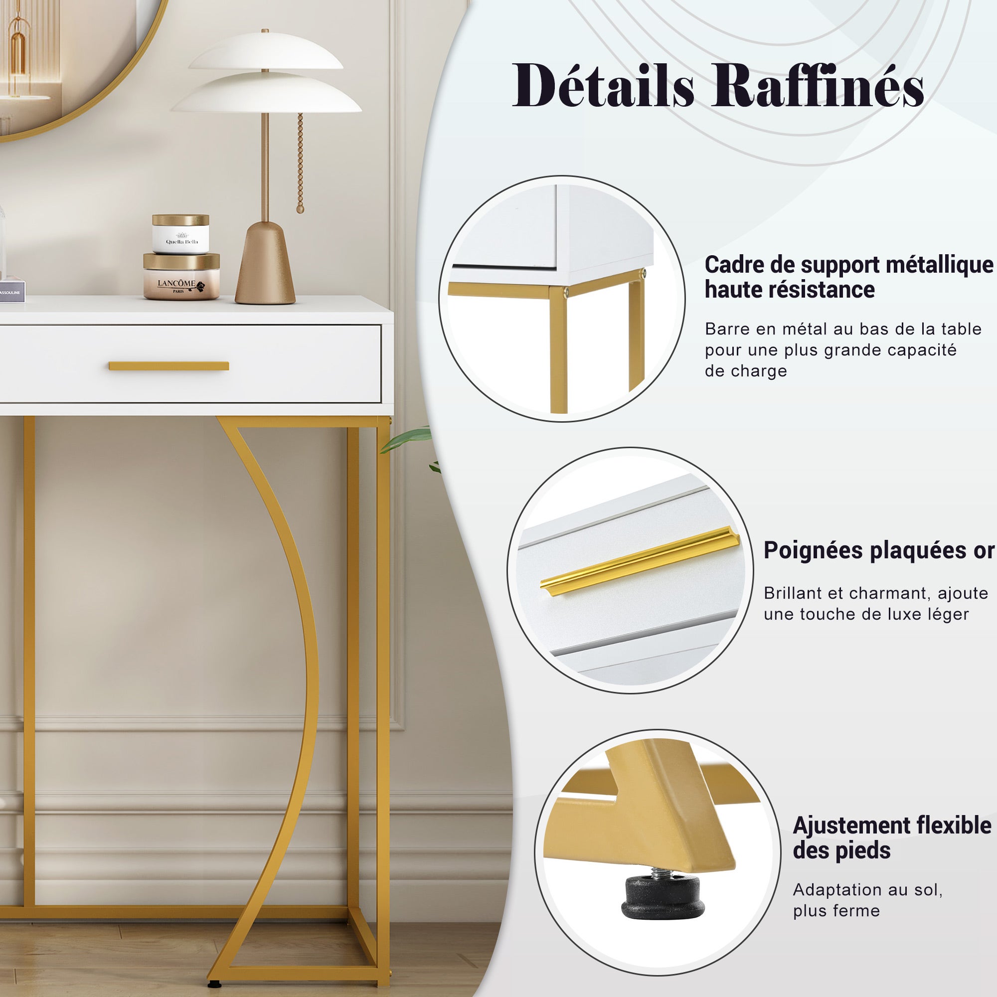 Console avec 2 tiroir - Pièds en métal doré et MDF - Blanc - BLITZ - 4