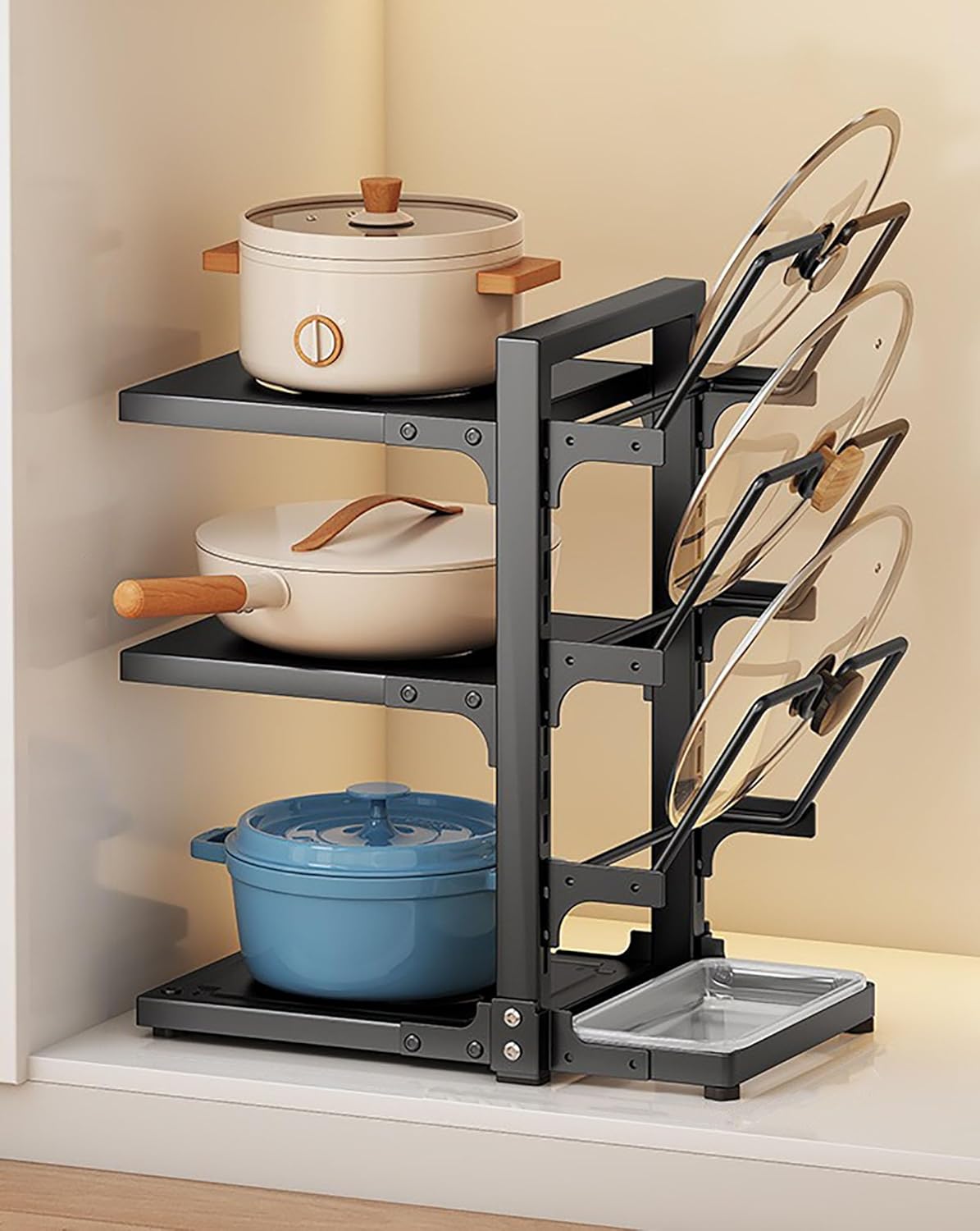 Wielofunkcyjny regał kuchenny ze stojakiem na pokrywki od garnków, regulowaną wysokością i nóżkami, czarny 3+3