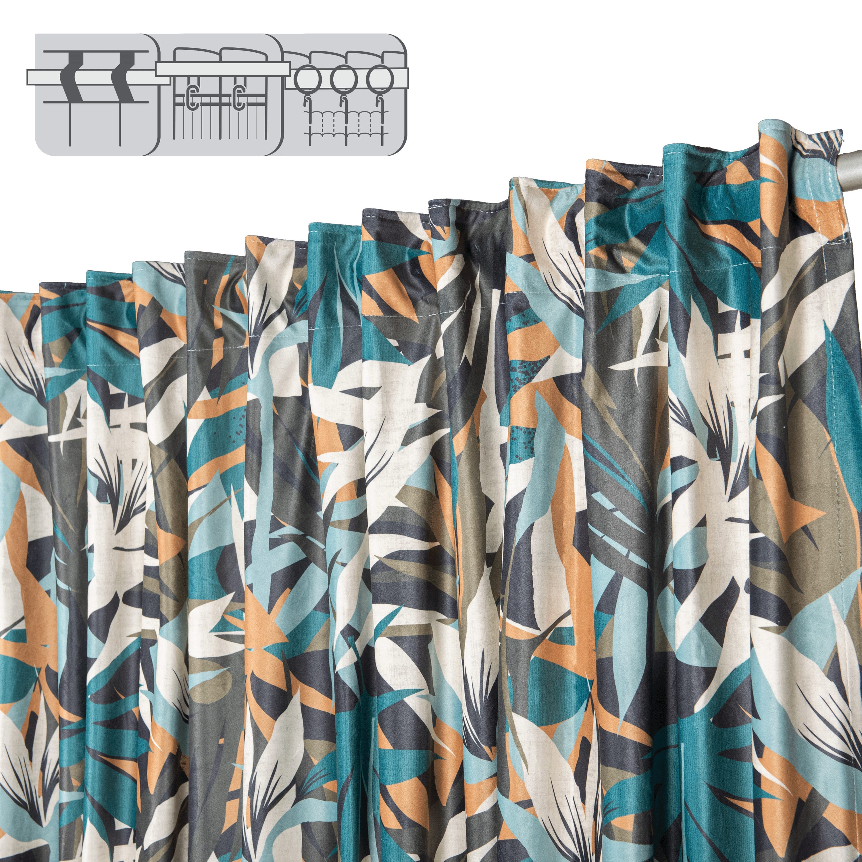 Zasłona zaciemniająca NAVIA - szer. 200 x wys. 280 cm - poliester - wzór liści w kolorze szarym, niebieskim i pomarańczowym - 5