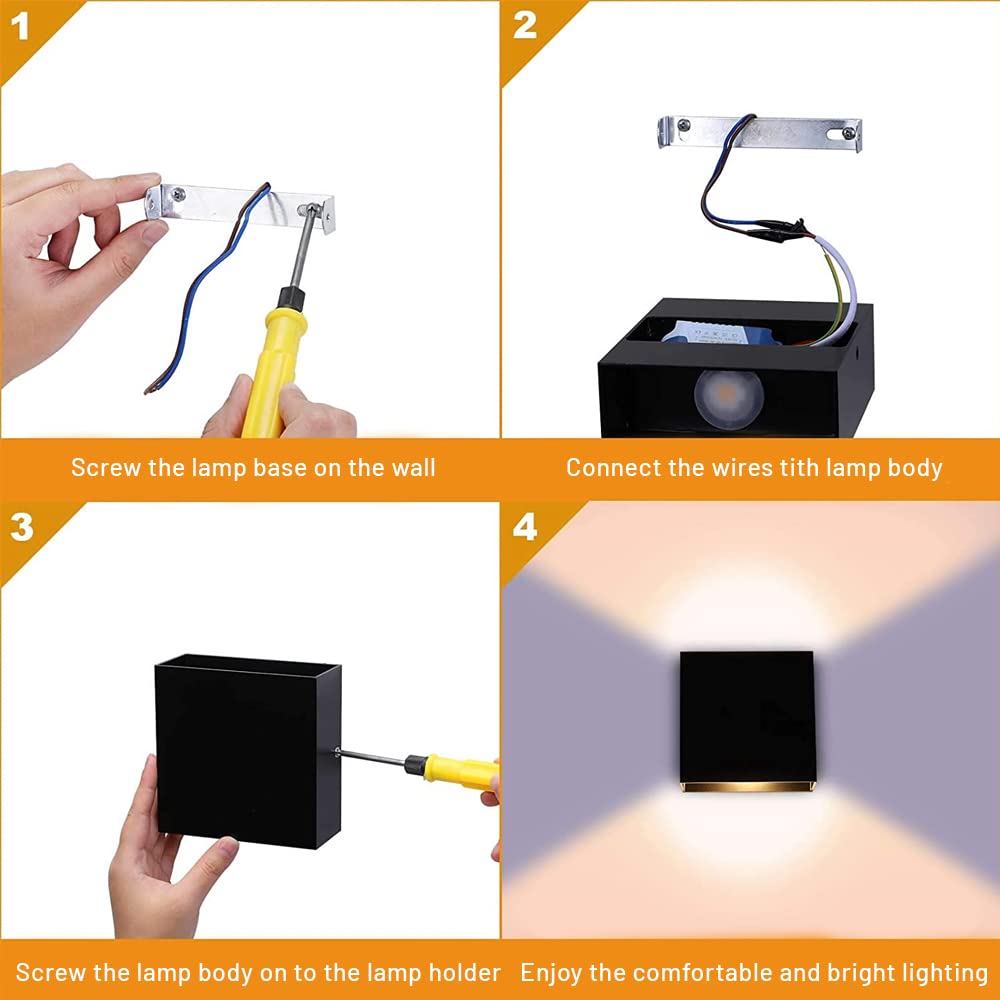 Lámpara de pared LED de 2 uds., lámpara de pared interior moderna de 6W, aplique de pared cuadrado negro de 3000K para dormitorio y sala de estar - 3