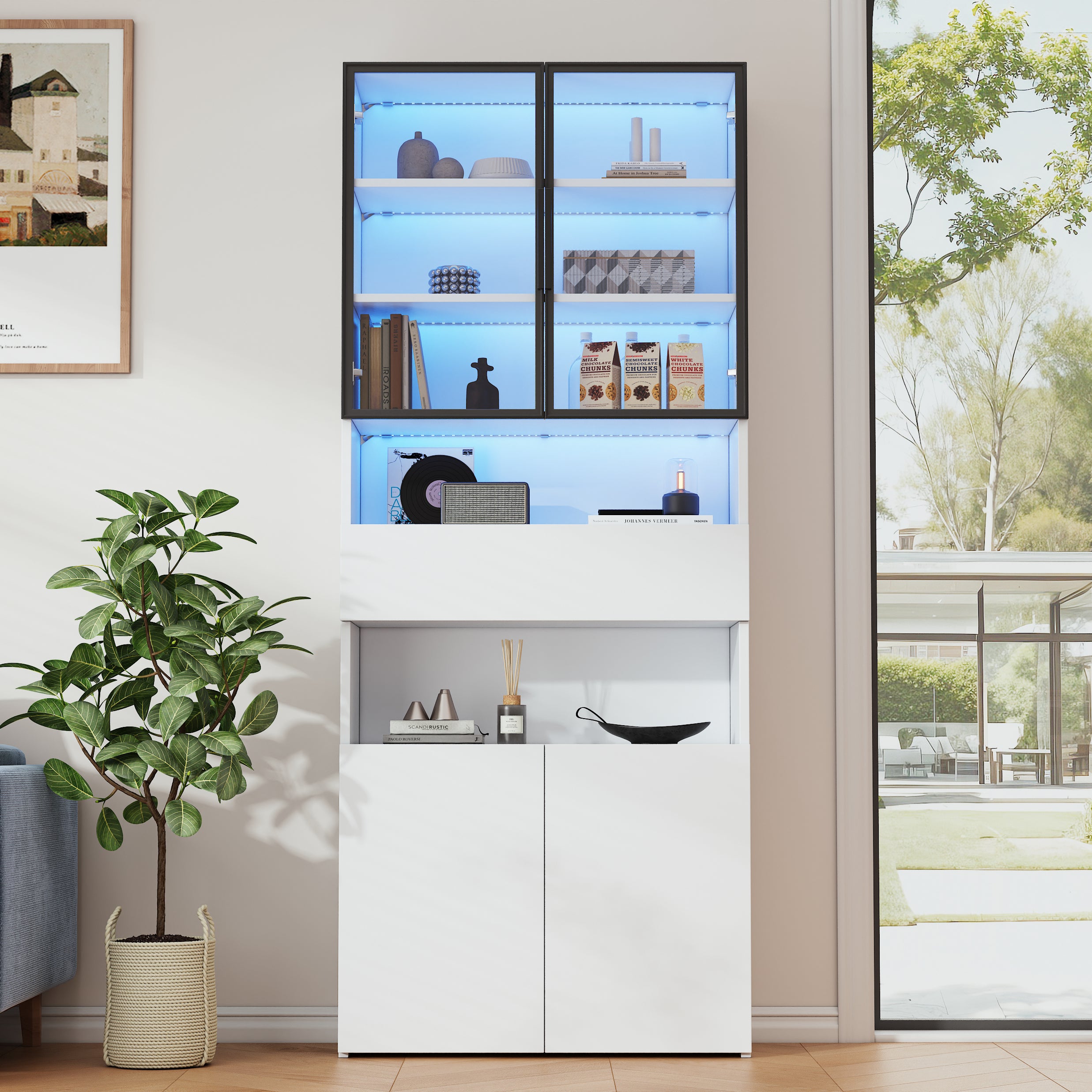 Merax  Vitrina Con 2 Puertas De Cristal, 2 Puertas De Madera Y 1 Cajón, 70 X 30 X 200 Cm, Leds, Tablero De Partículas, Blanco , Leroy Merlin